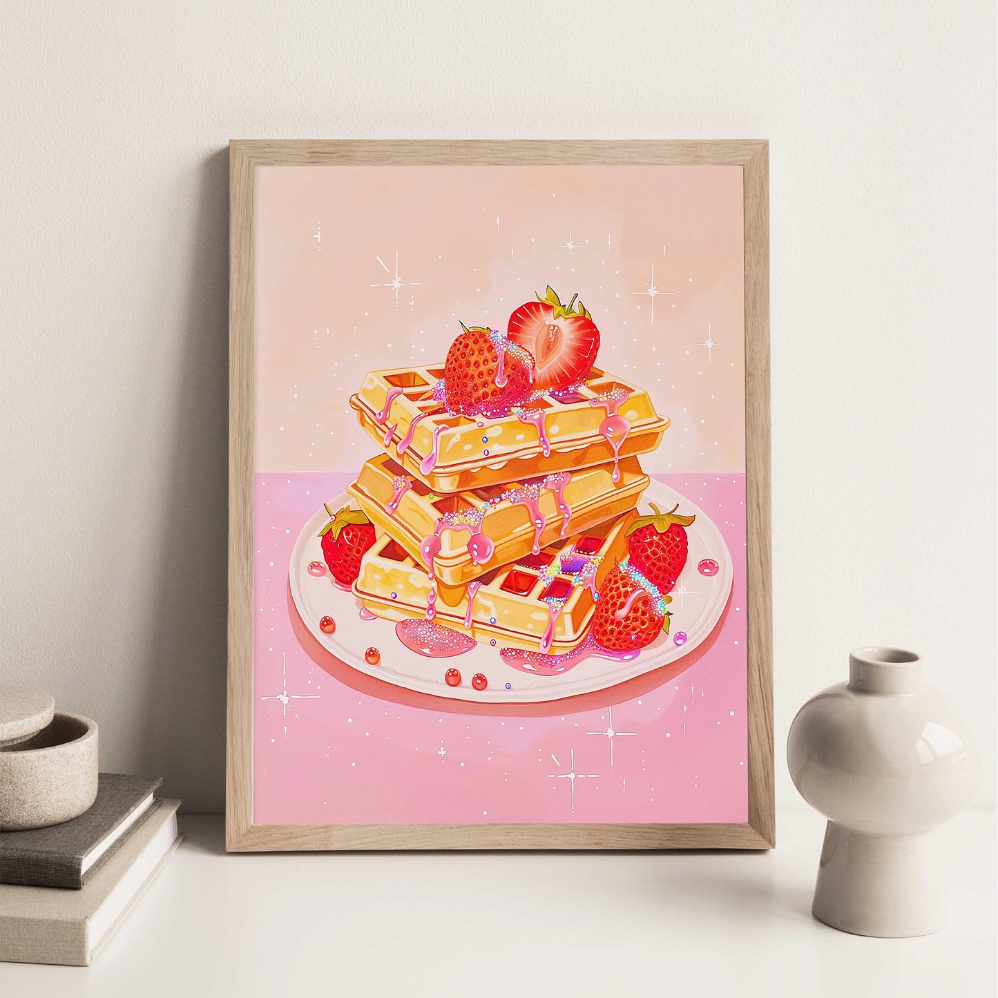 Retro Pink Waffles Art Print, Strawberry Kitchen Decor
