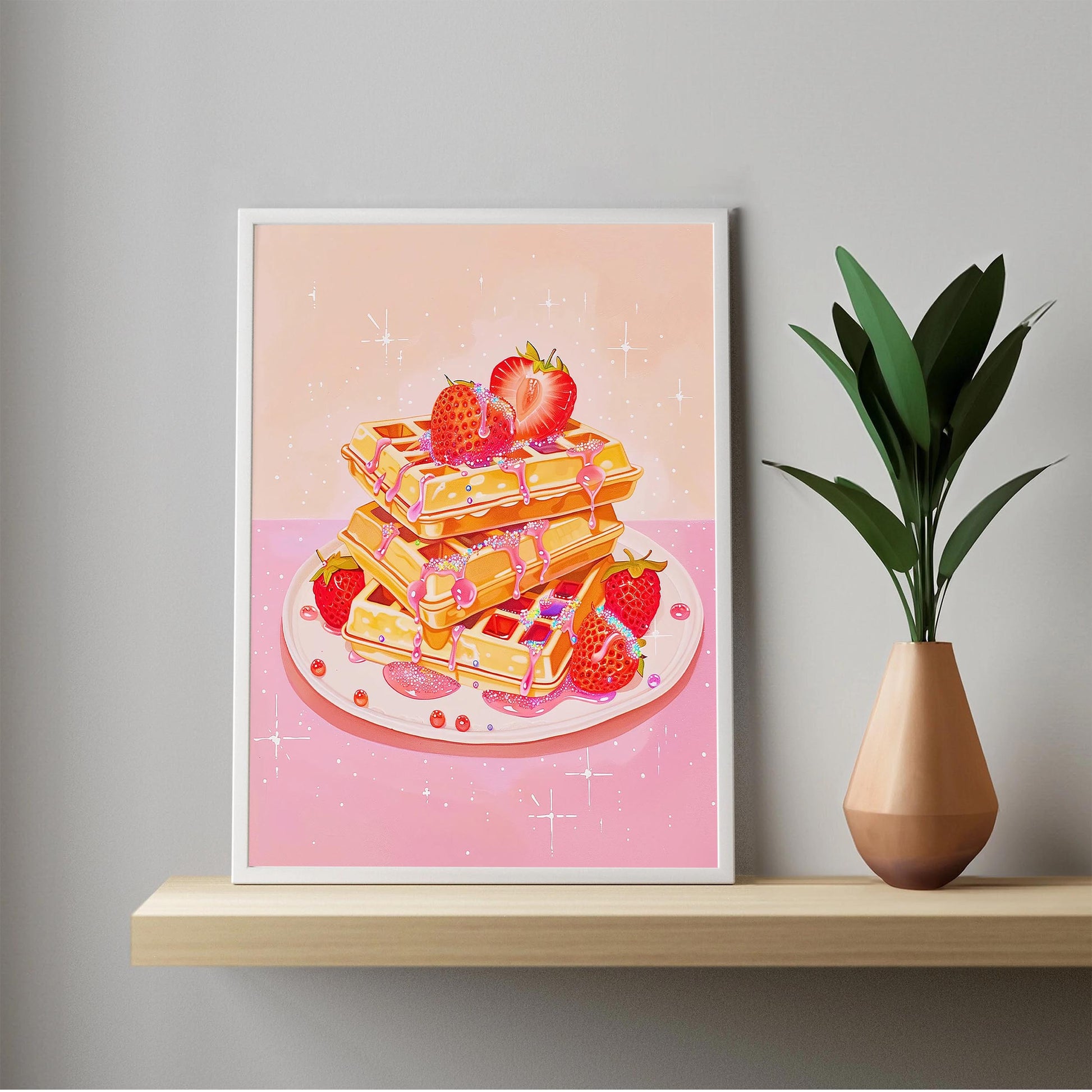 Retro Pink Waffles Art Print, Strawberry Kitchen Decor