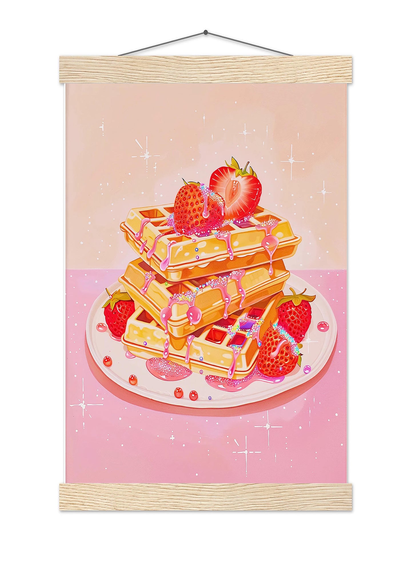Retro Pink Waffles Art Print, Strawberry Kitchen Decor