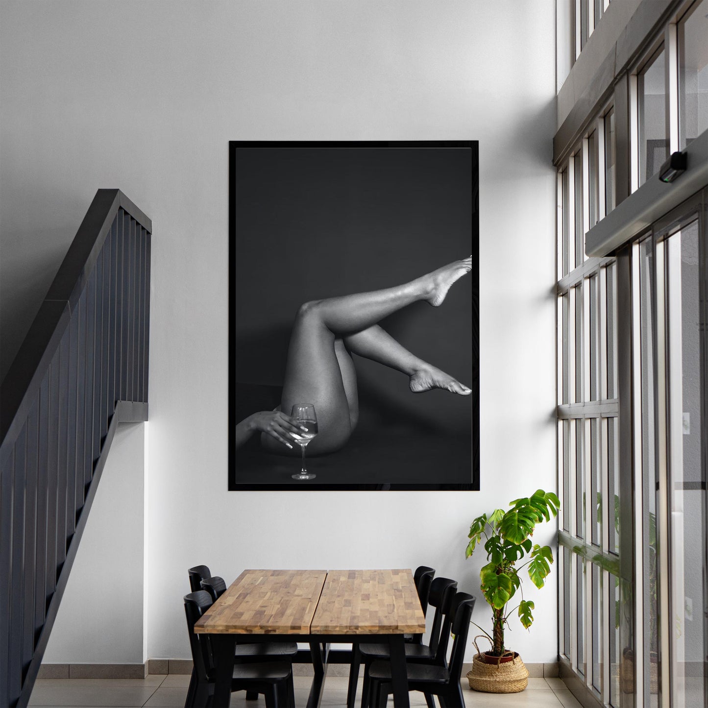 Retro Woman with Wine Print Bar Cart Print, Chic Fashion Decor - Black and White Photography