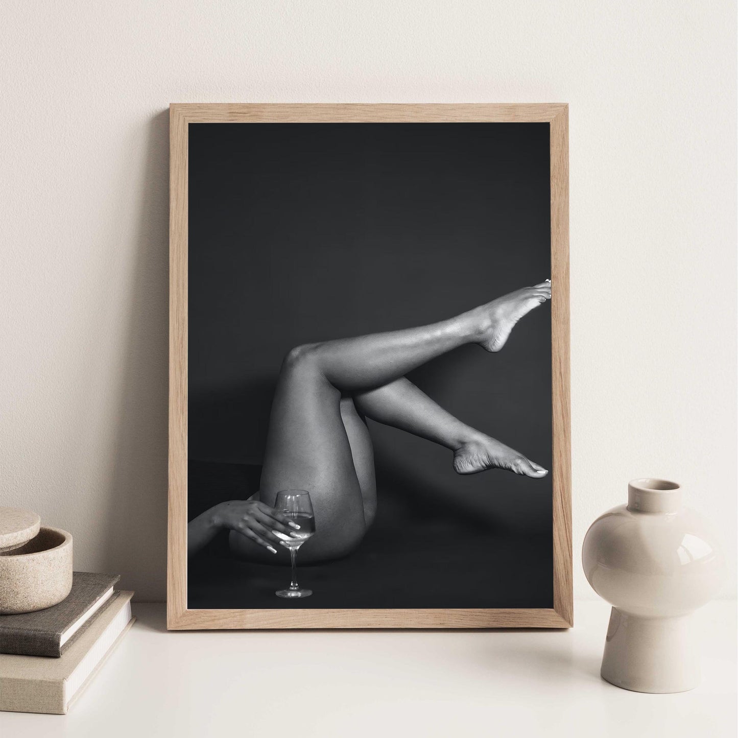 Retro Woman with Wine Print Bar Cart Print, Chic Fashion Decor - Black and White Photography