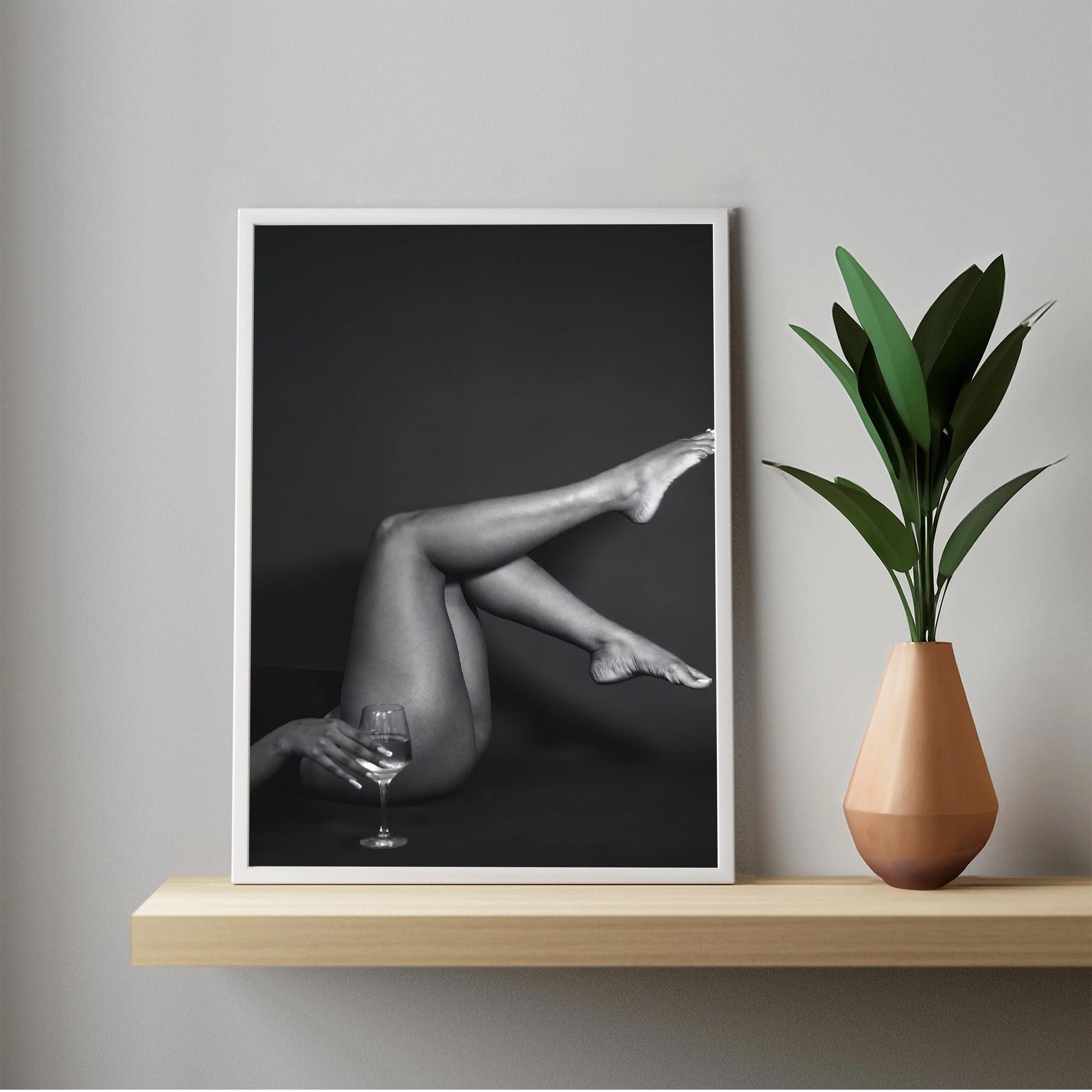 Retro Woman with Wine Print Bar Cart Print, Chic Fashion Decor - Black and White Photography