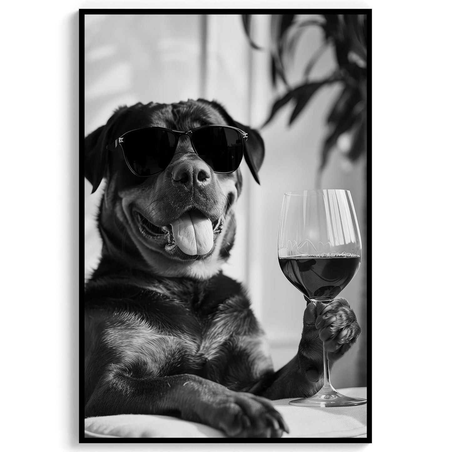 Rottweiler and Wine Print Bar Cart Print, Funny Dog Poster, Trendy Kitchen Decor - Black and White Wall Art