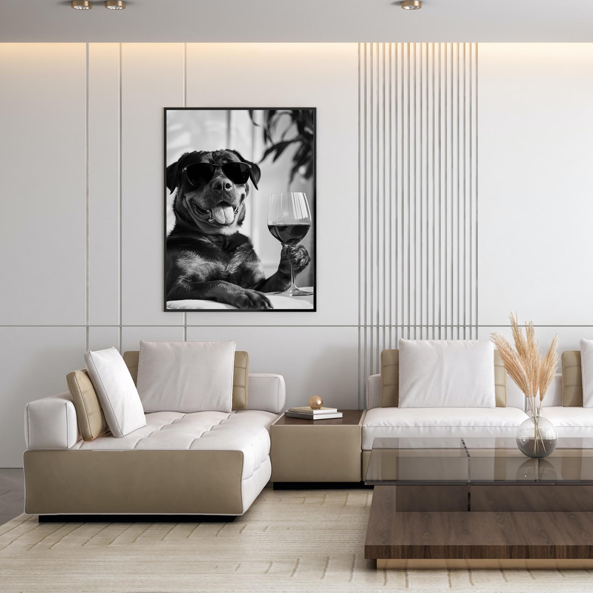 Rottweiler and Wine Print Bar Cart Print, Funny Dog Poster, Trendy Kitchen Decor - Black and White Wall Art