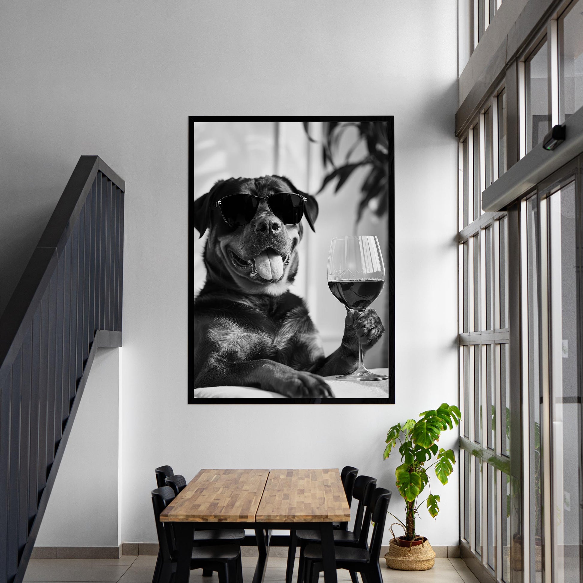 Rottweiler and Wine Print Bar Cart Print, Funny Dog Poster, Trendy Kitchen Decor - Black and White Wall Art