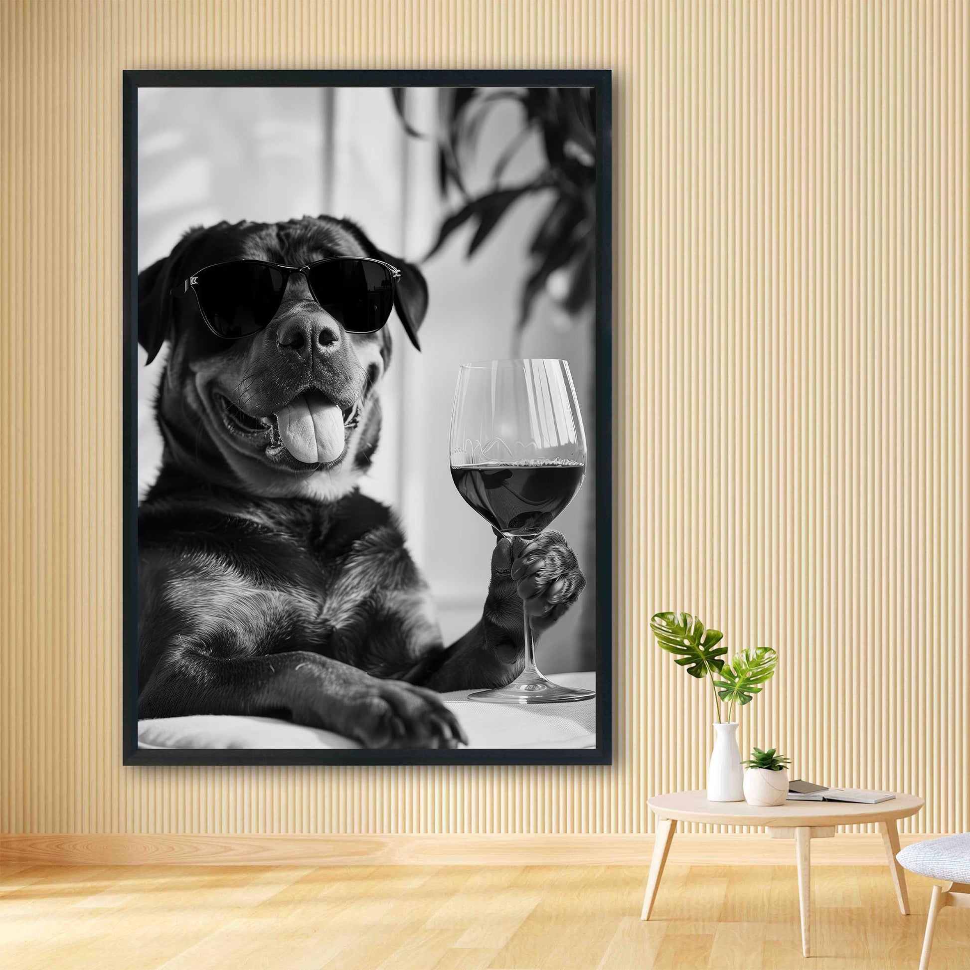 Rottweiler and Wine Print Bar Cart Print, Funny Dog Poster, Trendy Kitchen Decor - Black and White Wall Art