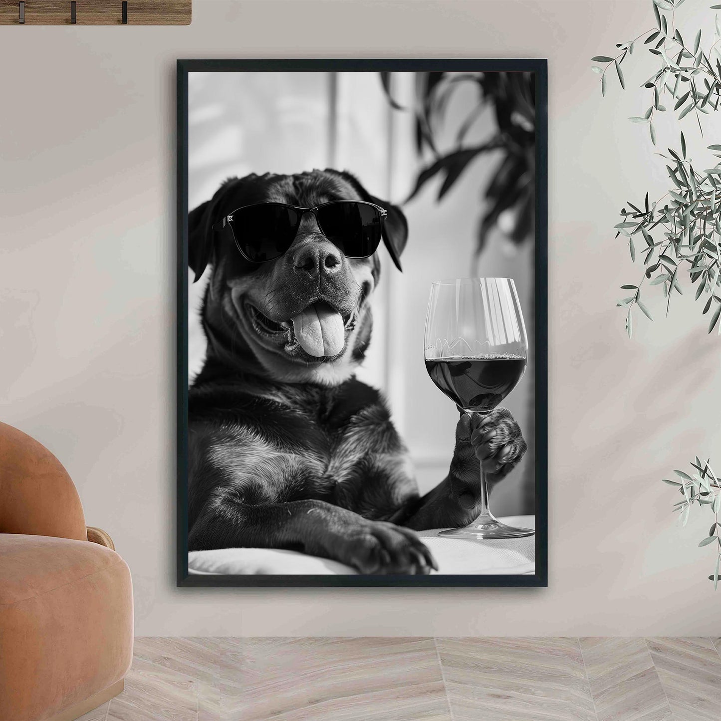 Rottweiler and Wine Print Bar Cart Print, Funny Dog Poster, Trendy Kitchen Decor - Black and White Wall Art