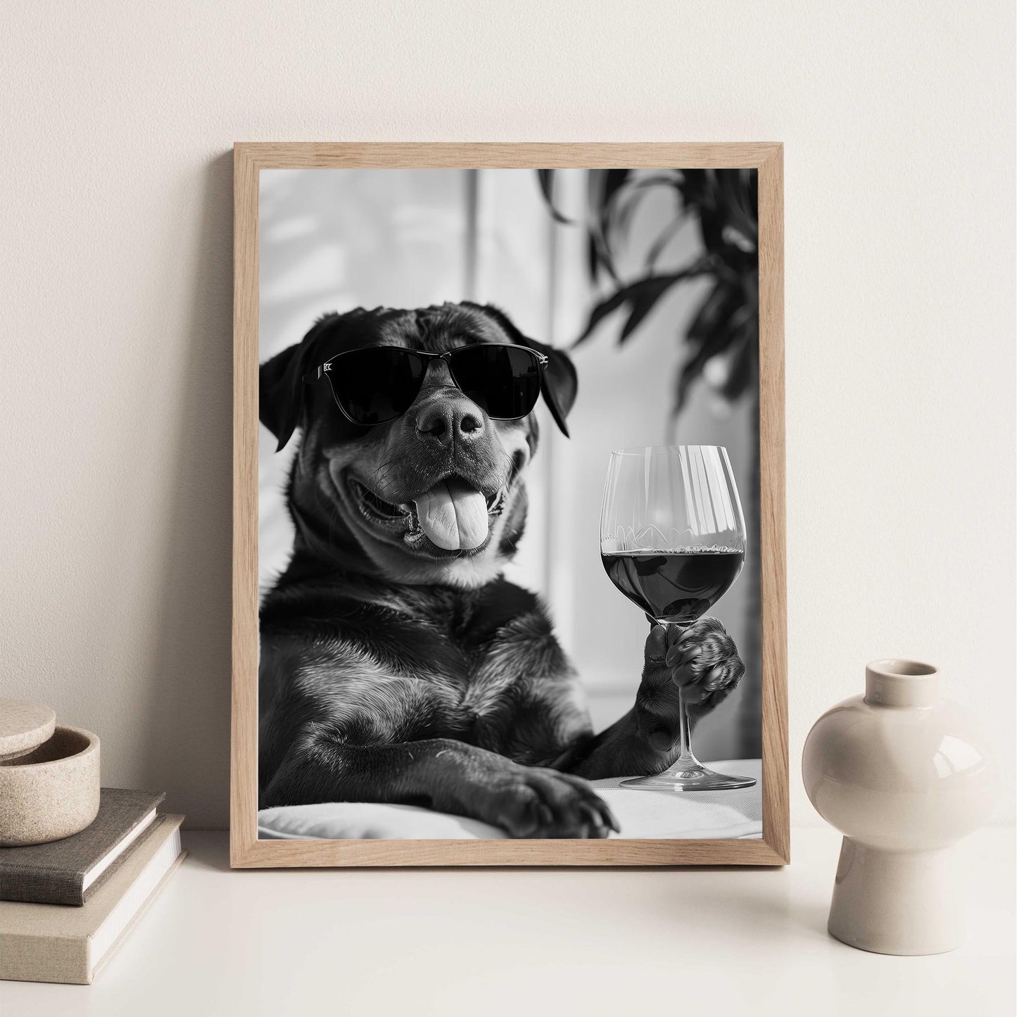 Rottweiler and Wine Print Bar Cart Print, Funny Dog Poster, Trendy Kitchen Decor - Black and White Wall Art