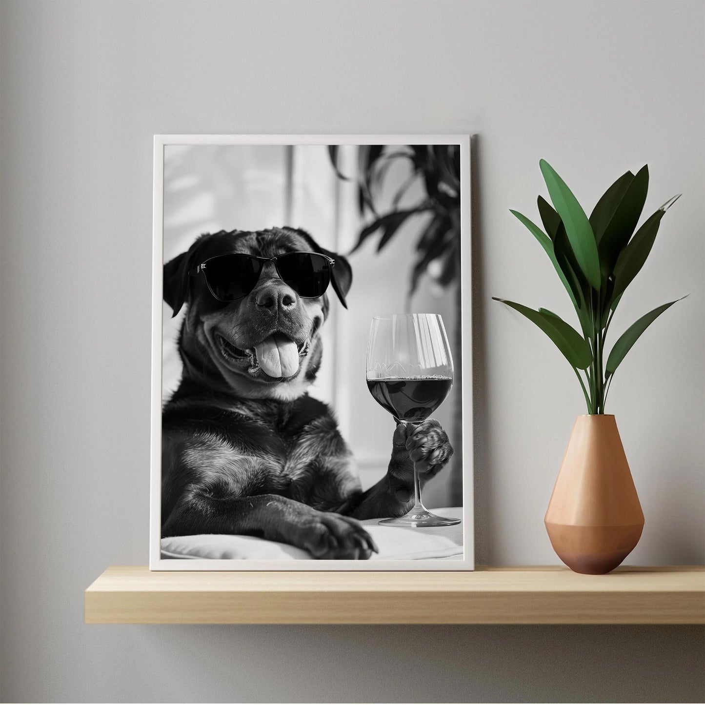Rottweiler and Wine Print Bar Cart Print, Funny Dog Poster, Trendy Kitchen Decor - Black and White Wall Art