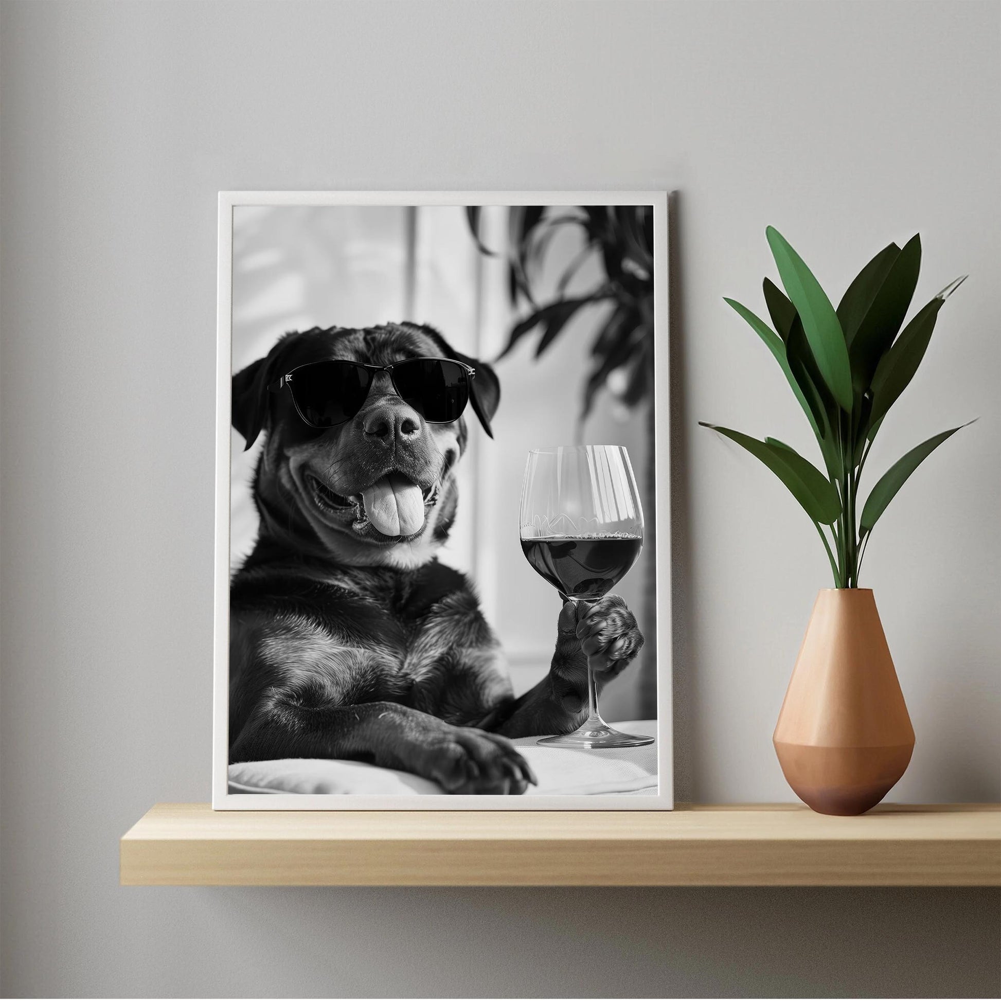 Rottweiler and Wine Print Bar Cart Print, Funny Dog Poster, Trendy Kitchen Decor - Black and White Wall Art