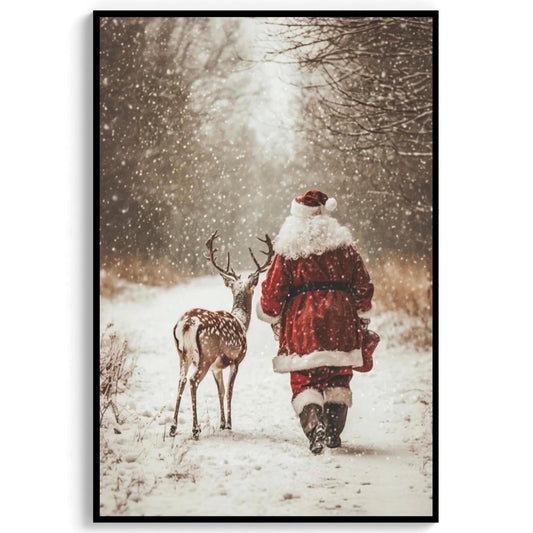 Santa Claus Reindeer Wall Art Print, Forest Snowfall in Winter Printable Christmas Home Decor, Digital Downl