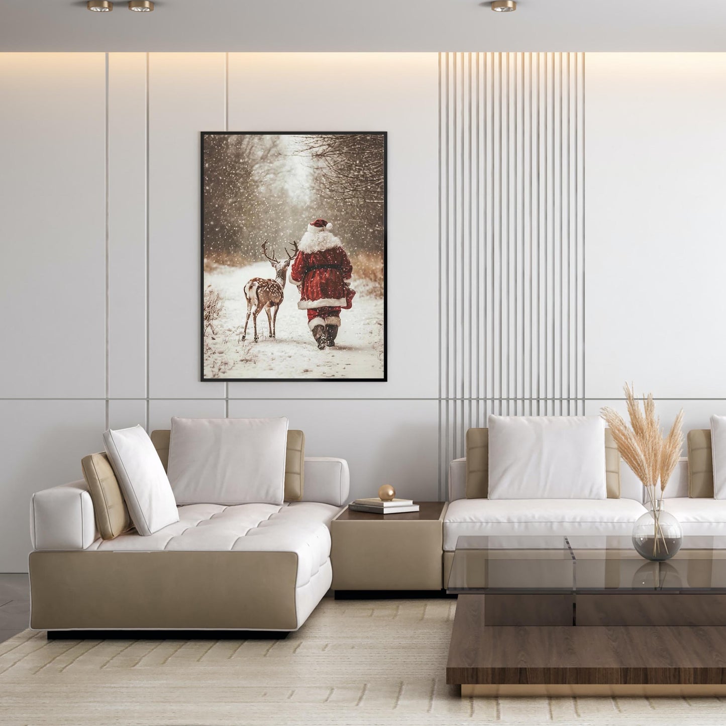 Santa Claus Reindeer Wall Art Print, Forest Snowfall in Winter Printable Christmas Home Decor, Digital Downl