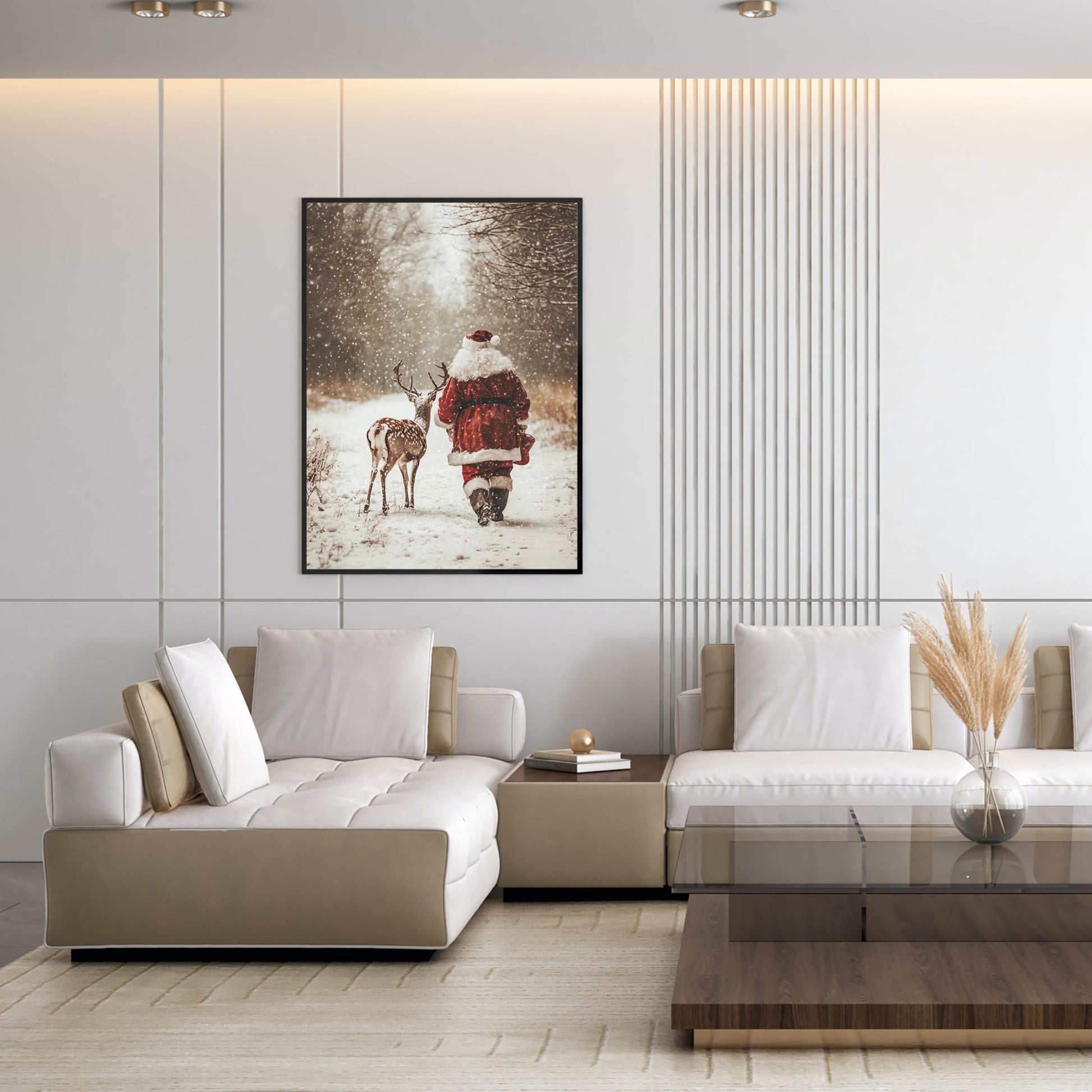 Santa Claus Reindeer Wall Art Print, Forest Snowfall in Winter Printable Christmas Home Decor, Digital Downl