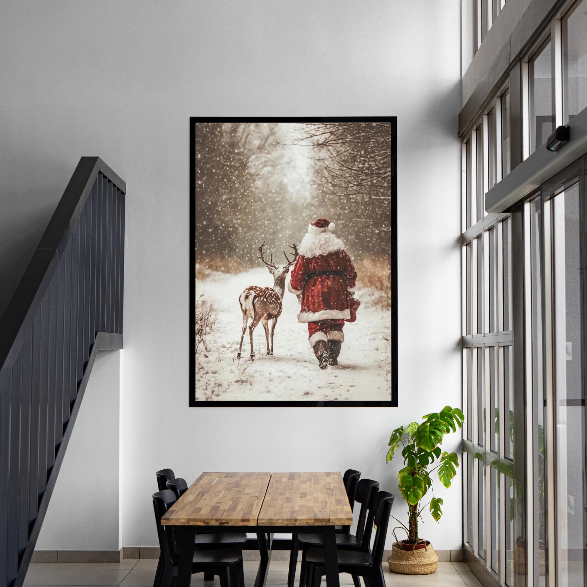 Santa Claus Reindeer Wall Art Print, Forest Snowfall in Winter Printable Christmas Home Decor, Digital Downl