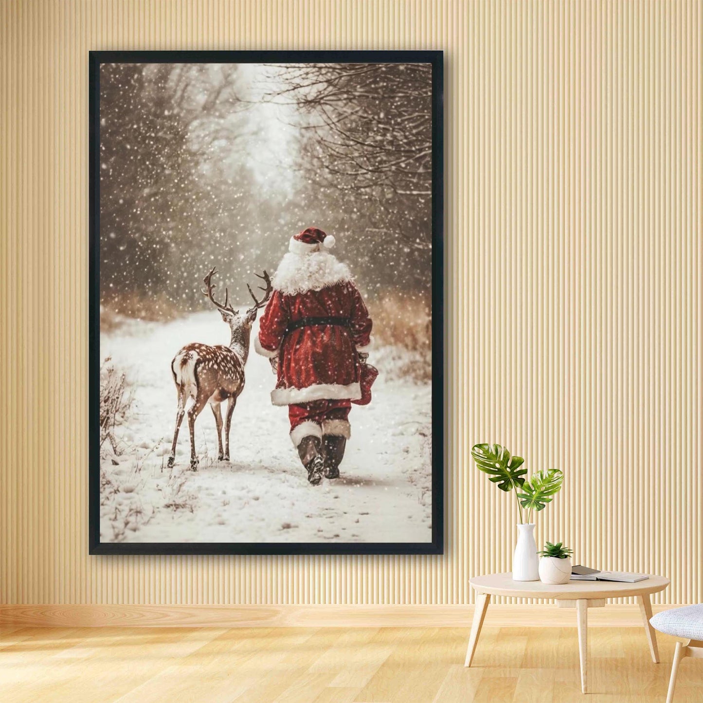 Santa Claus Reindeer Wall Art Print, Forest Snowfall in Winter Printable Christmas Home Decor, Digital Downl