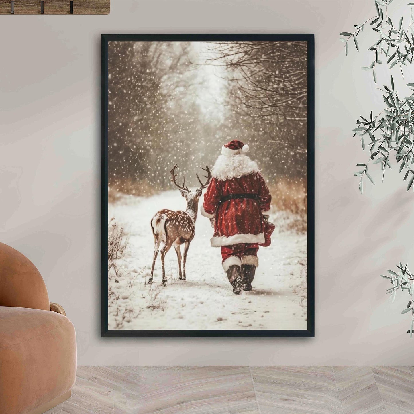 Santa Claus Reindeer Wall Art Print, Forest Snowfall in Winter Printable Christmas Home Decor, Digital Downl