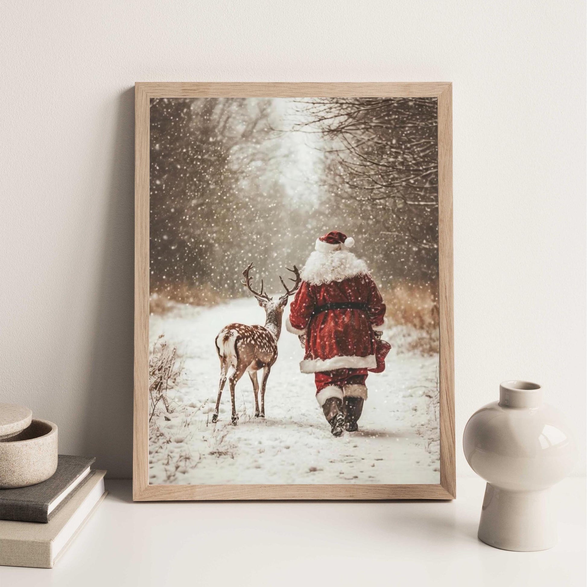Santa Claus Reindeer Wall Art Print, Forest Snowfall in Winter Printable Christmas Home Decor, Digital Downl