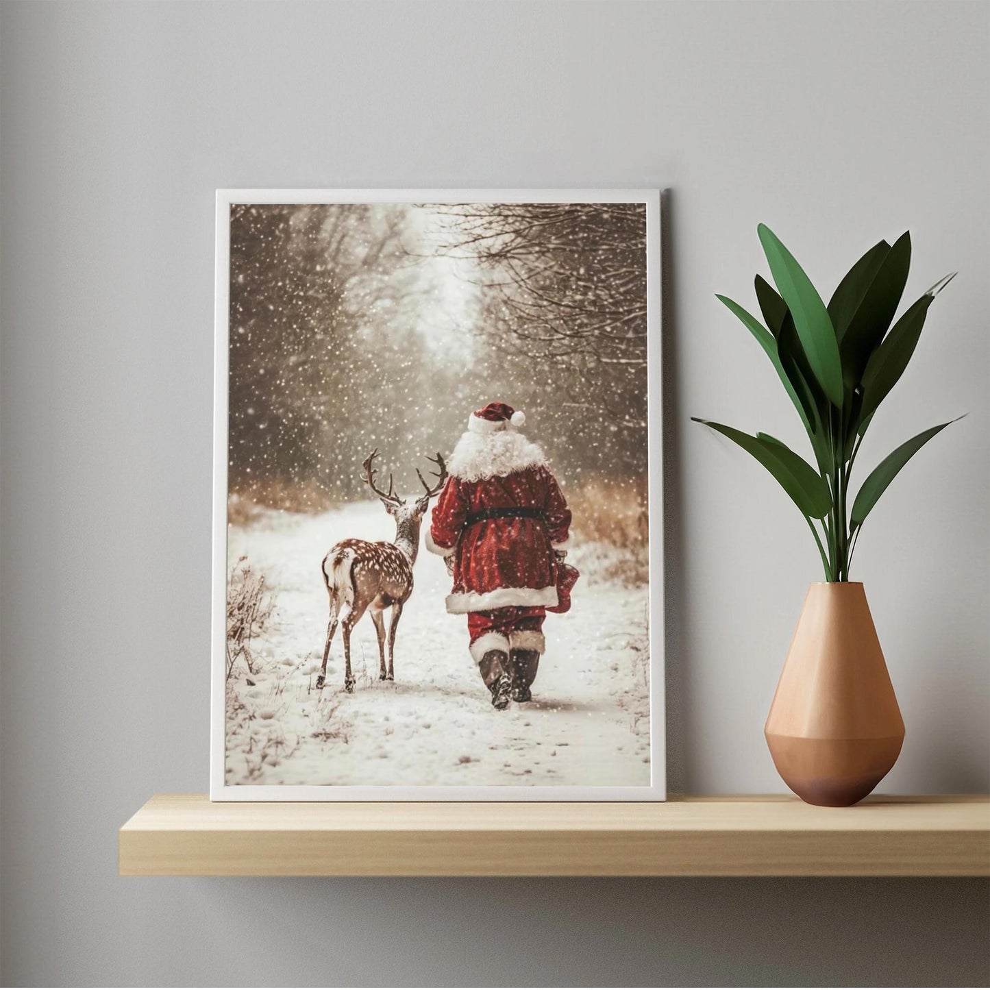 Santa Claus Reindeer Wall Art Print, Forest Snowfall in Winter Printable Christmas Home Decor, Digital Downl