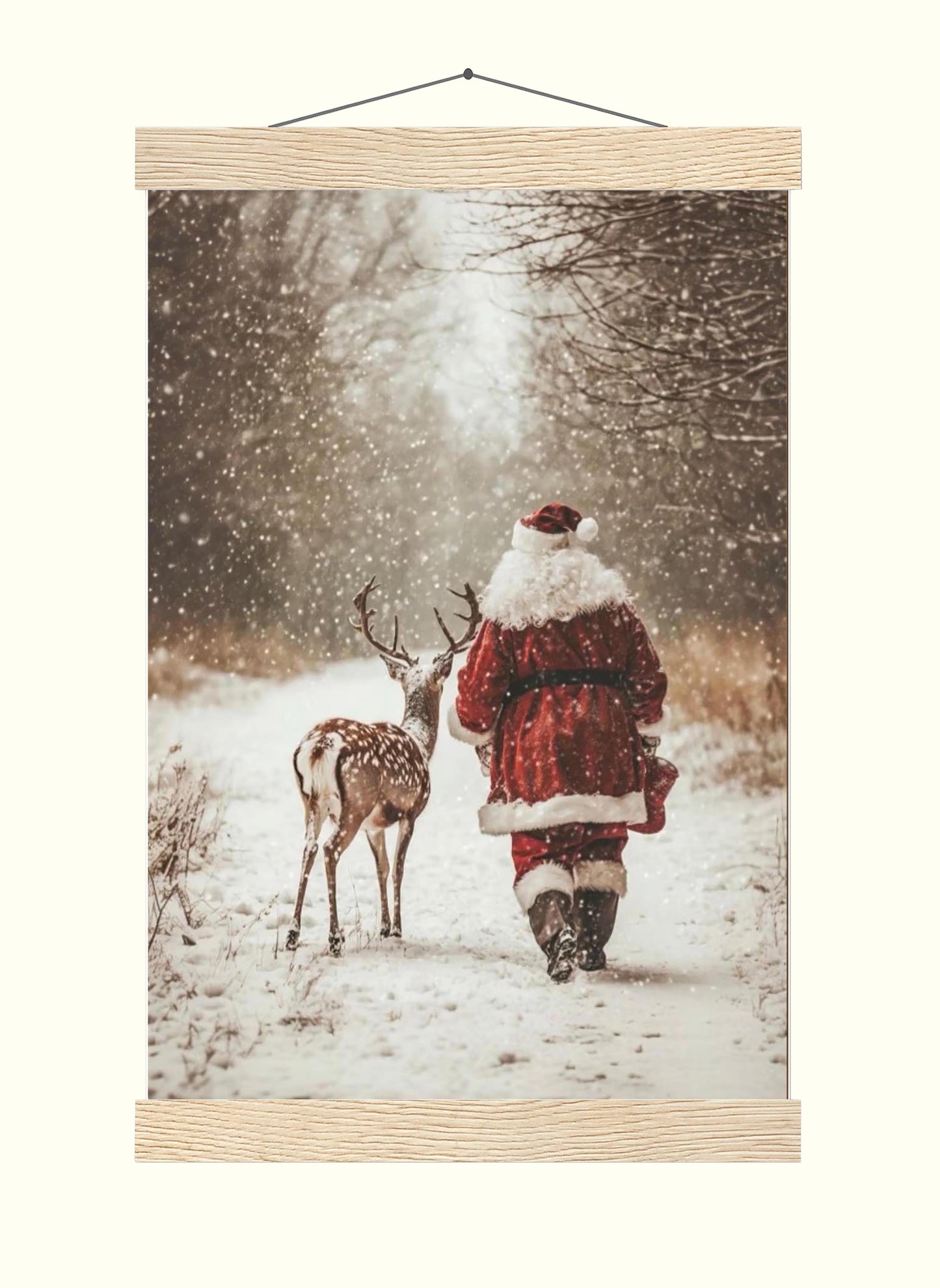 Santa Claus Reindeer Wall Art Print, Forest Snowfall in Winter Printable Christmas Home Decor, Digital Downl