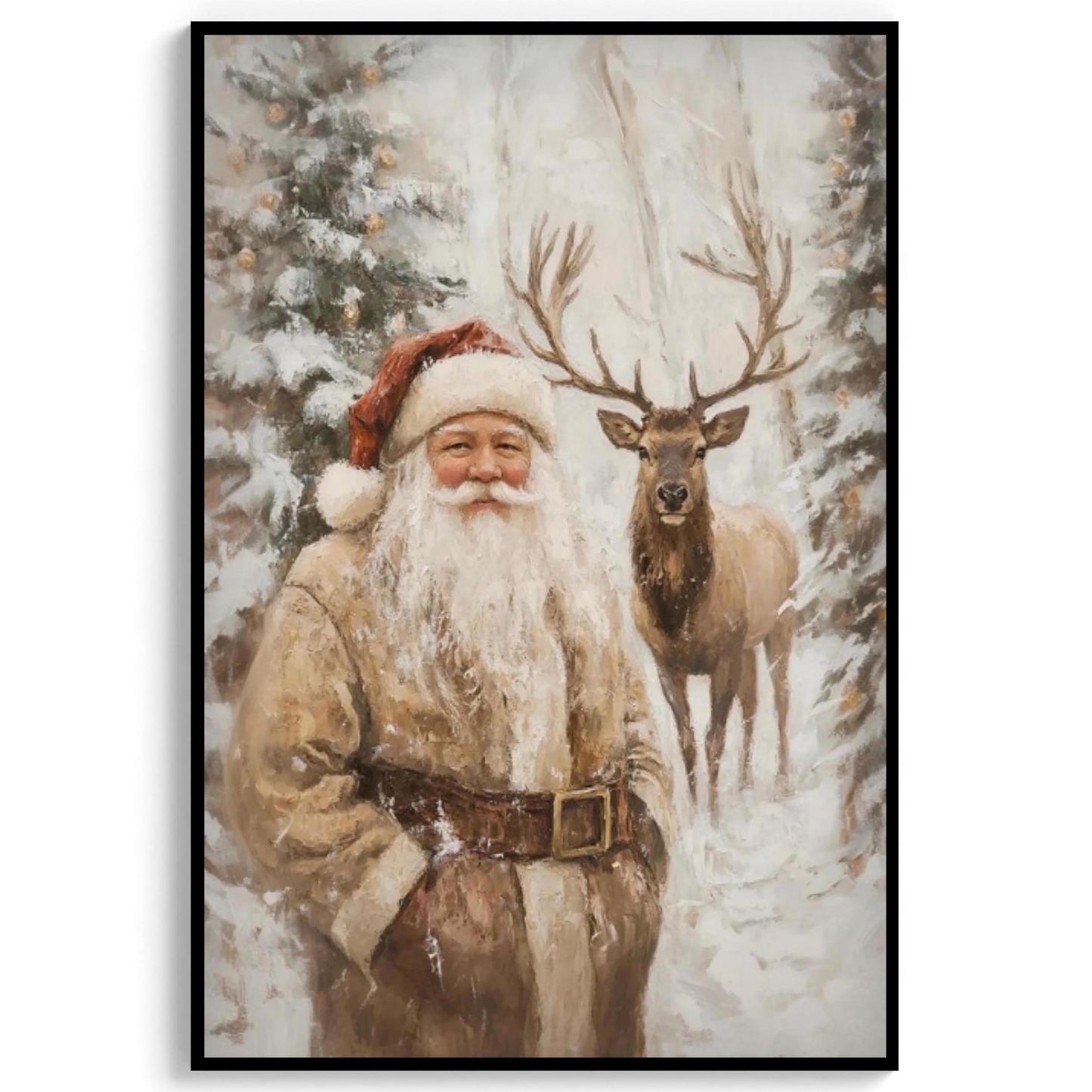 Santa Clause Reindeer Wall Art Print, Forest Snowfall in Winter Printable Christmas Home Decor, Digital Down