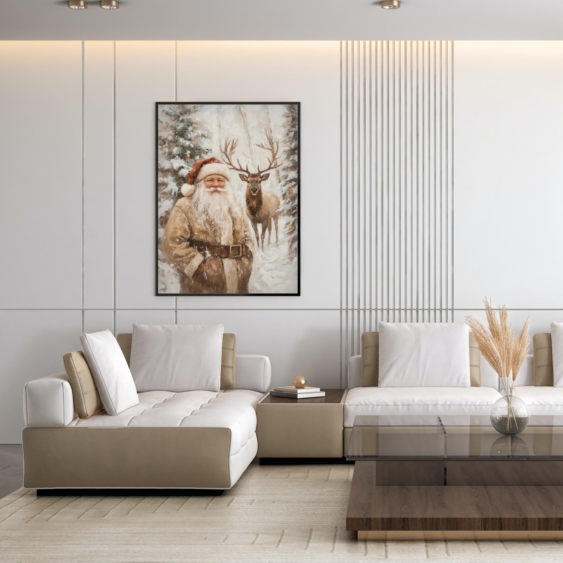 Santa Clause Reindeer Wall Art Print, Forest Snowfall in Winter Printable Christmas Home Decor, Digital Down