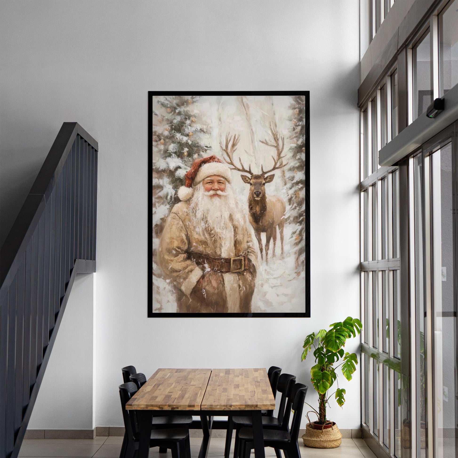 Santa Clause Reindeer Wall Art Print, Forest Snowfall in Winter Printable Christmas Home Decor, Digital Down