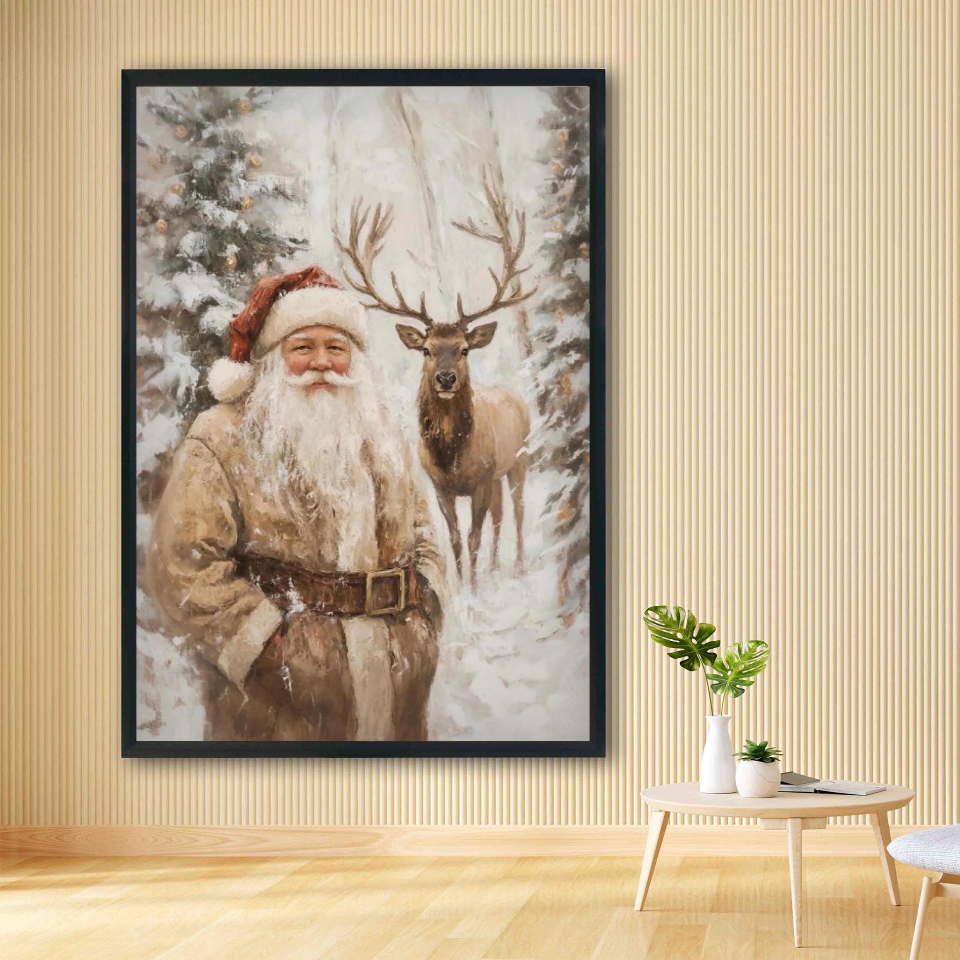 Santa Clause Reindeer Wall Art Print, Forest Snowfall in Winter Printable Christmas Home Decor, Digital Down