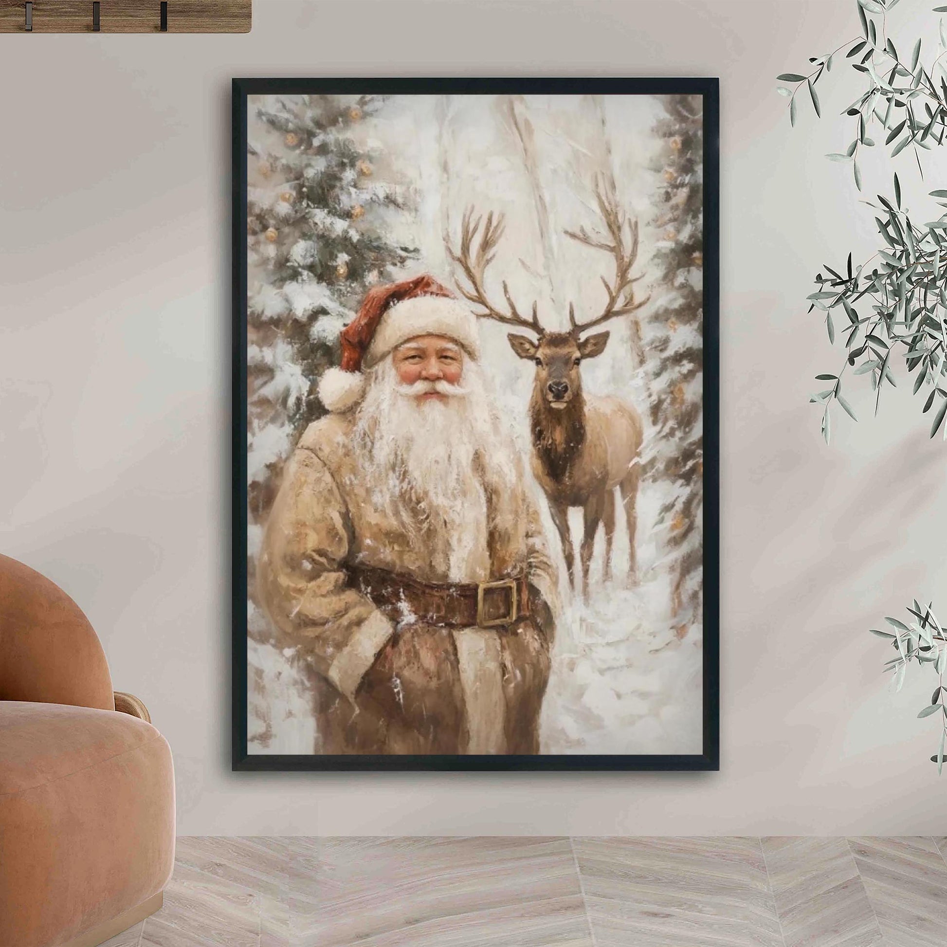 Santa Clause Reindeer Wall Art Print, Forest Snowfall in Winter Printable Christmas Home Decor, Digital Down