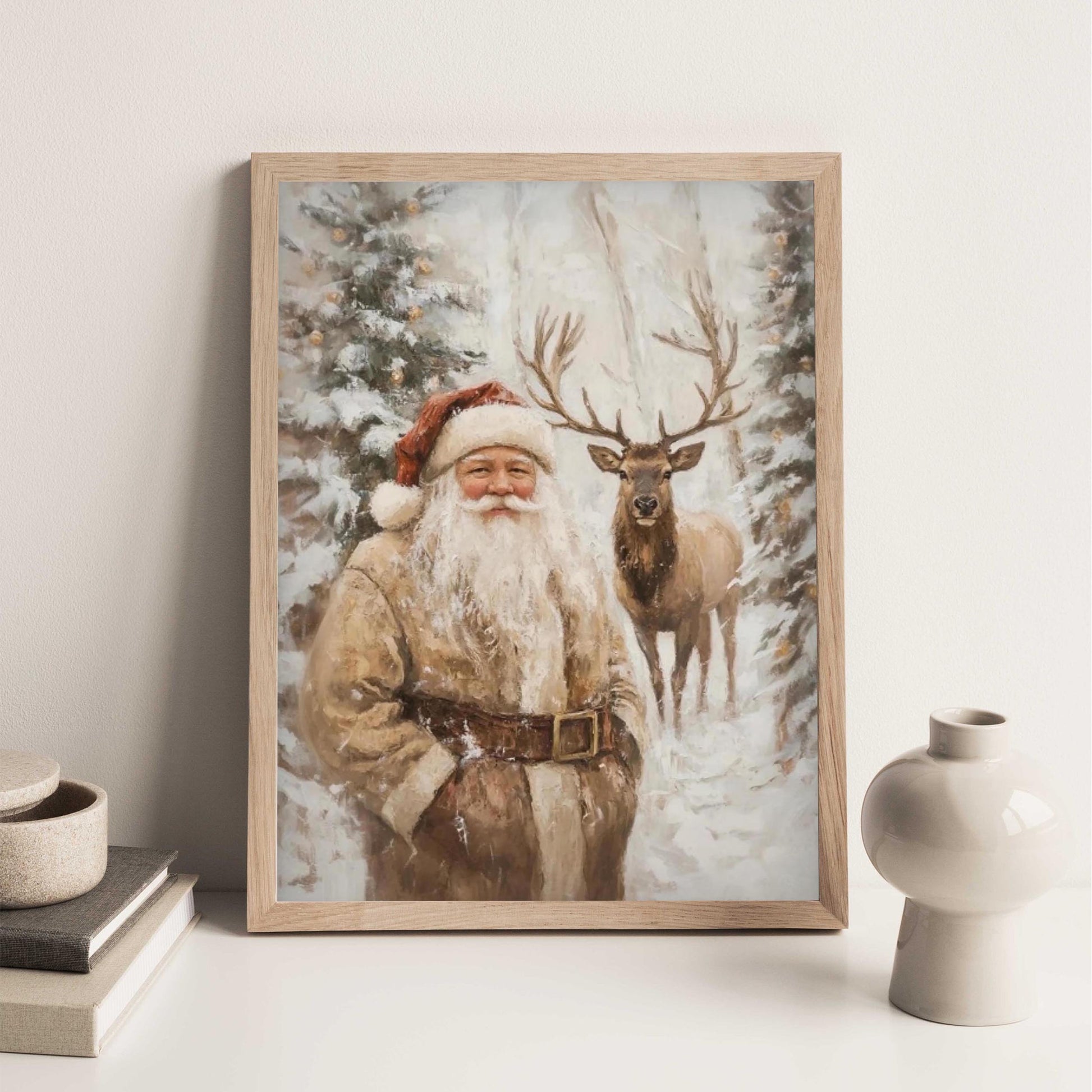 Santa Clause Reindeer Wall Art Print, Forest Snowfall in Winter Printable Christmas Home Decor, Digital Down