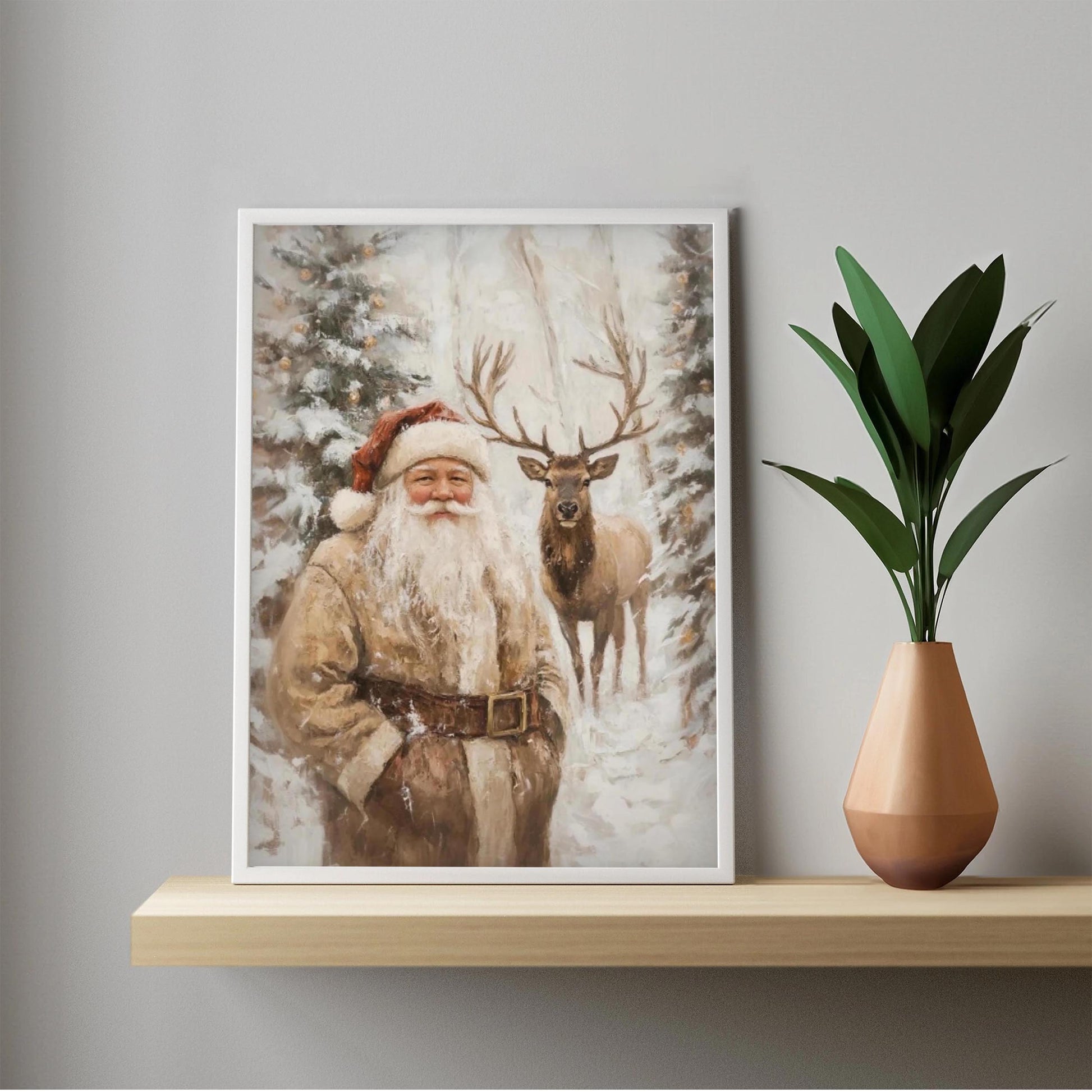 Santa Clause Reindeer Wall Art Print, Forest Snowfall in Winter Printable Christmas Home Decor, Digital Down