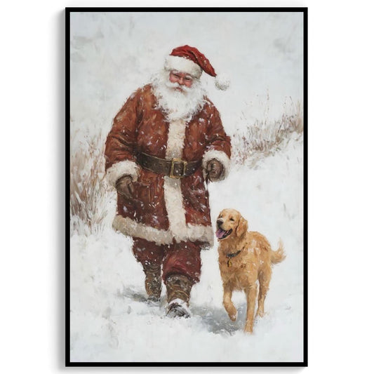 Santa and Golden Retriever Wall Art Print, Cozy Christmas Decor for Dog Lovers, Winter Wonderland Holiday Ar