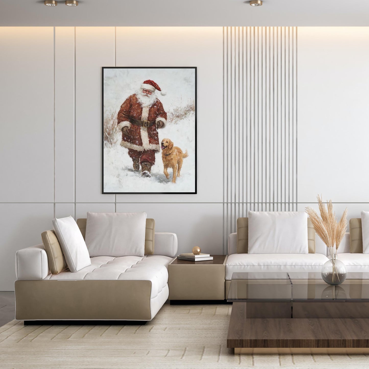 Santa and Golden Retriever Wall Art Print, Cozy Christmas Decor for Dog Lovers, Winter Wonderland Holiday Ar