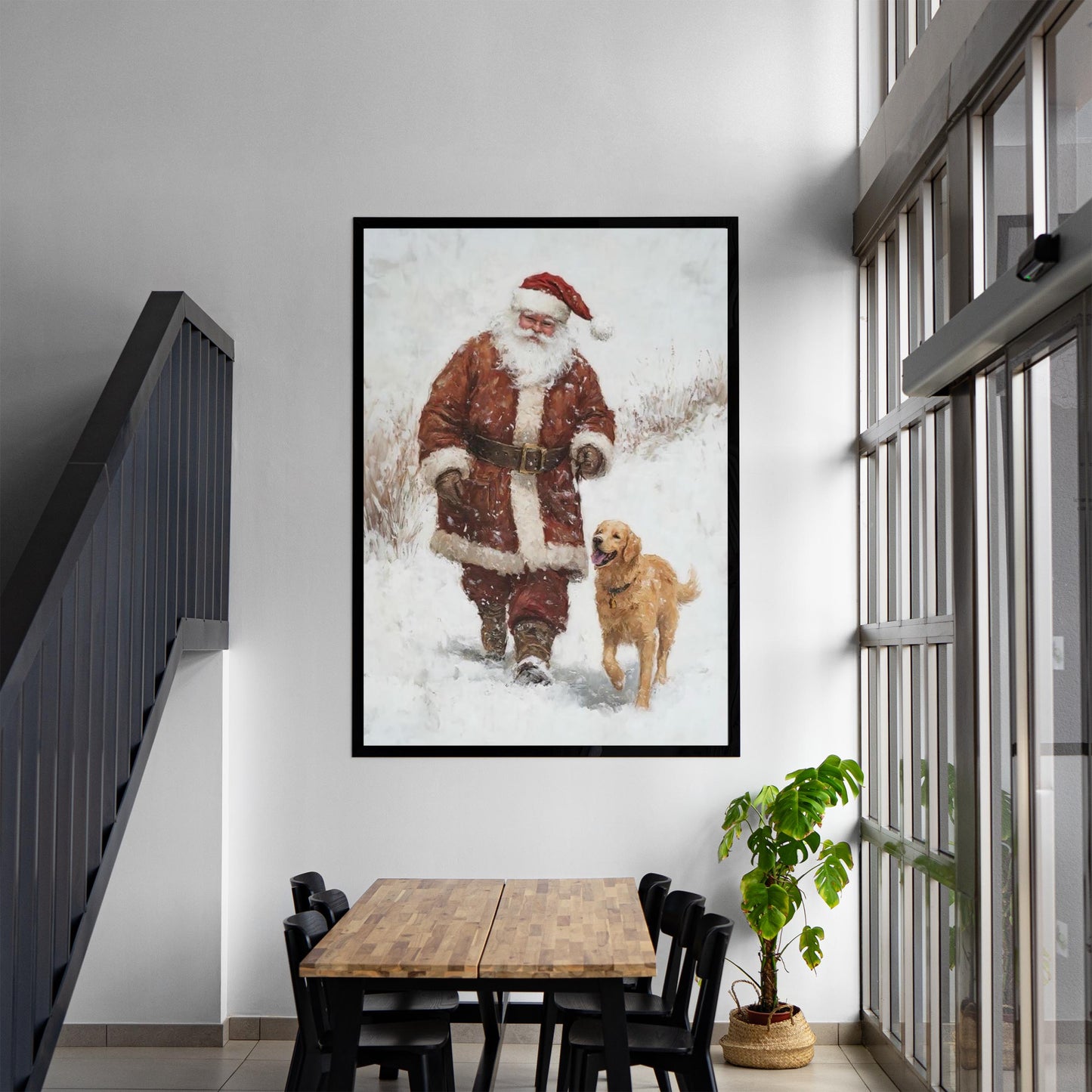 Santa and Golden Retriever Wall Art Print, Cozy Christmas Decor for Dog Lovers, Winter Wonderland Holiday Ar