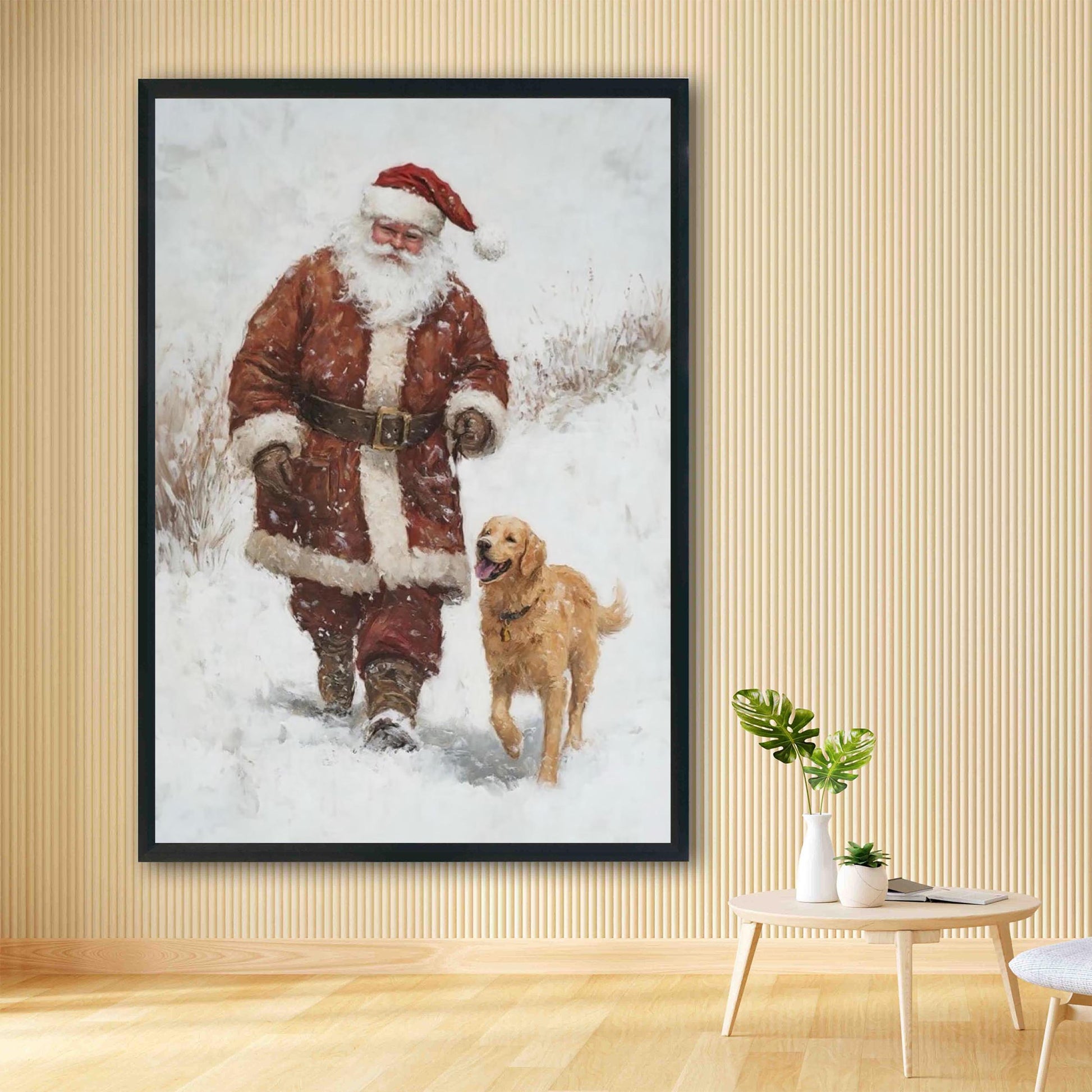 Santa and Golden Retriever Wall Art Print, Cozy Christmas Decor for Dog Lovers, Winter Wonderland Holiday Ar