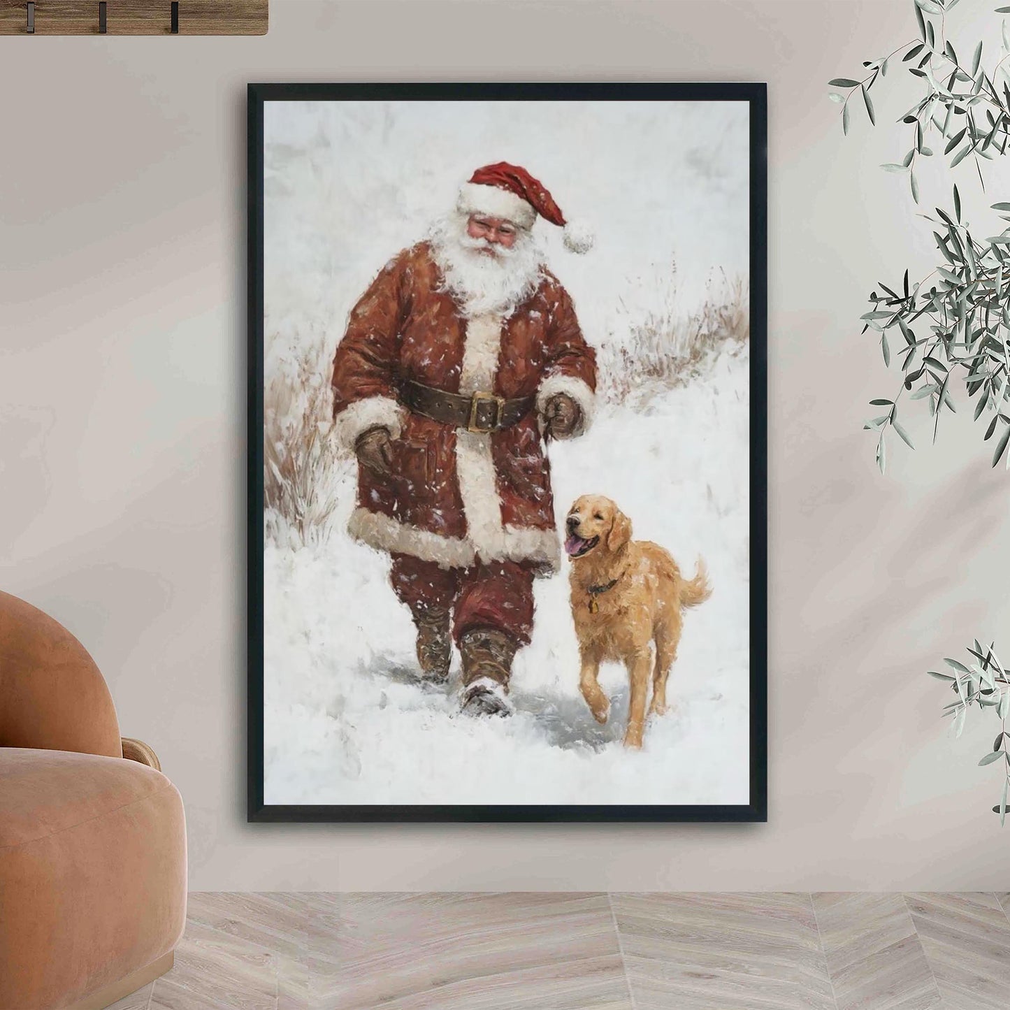 Santa and Golden Retriever Wall Art Print, Cozy Christmas Decor for Dog Lovers, Winter Wonderland Holiday Ar