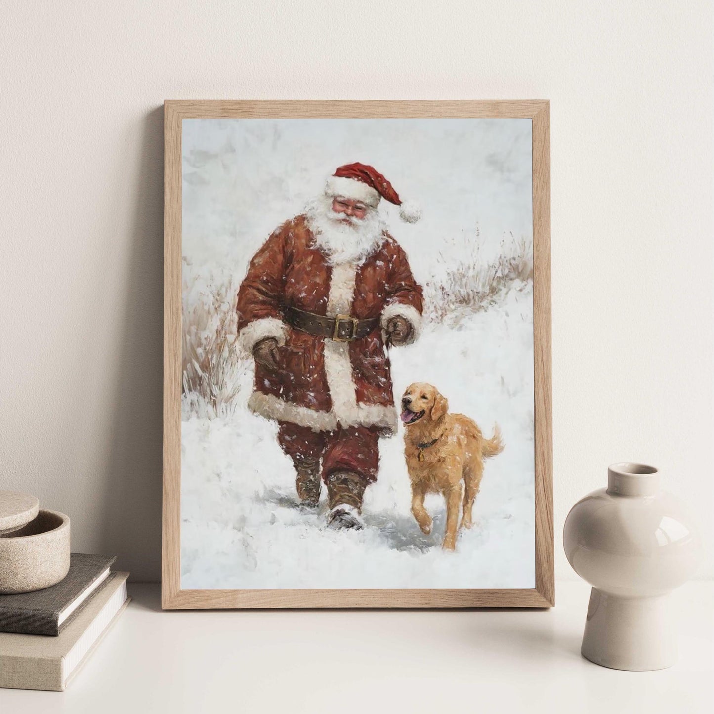 Santa and Golden Retriever Wall Art Print, Cozy Christmas Decor for Dog Lovers, Winter Wonderland Holiday Ar
