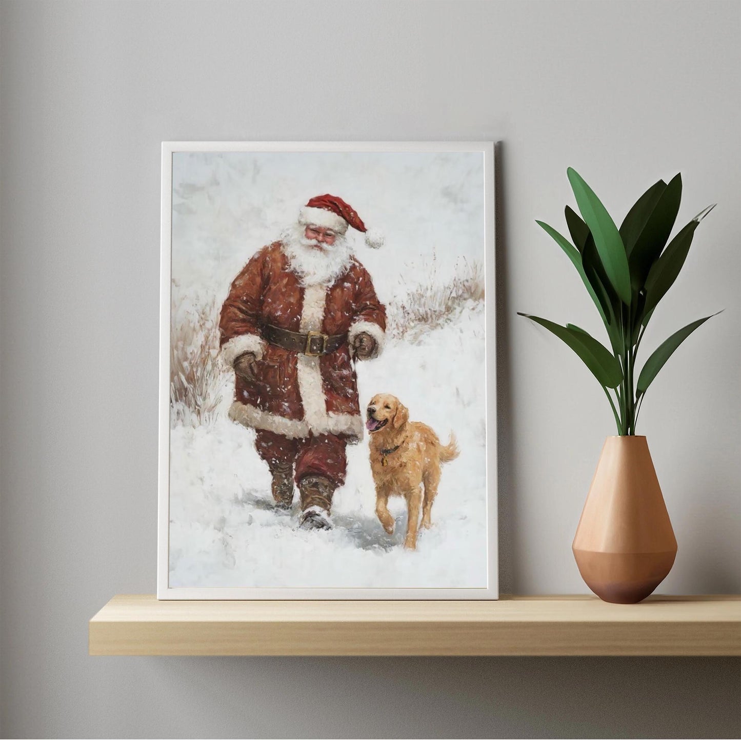 Santa and Golden Retriever Wall Art Print, Cozy Christmas Decor for Dog Lovers, Winter Wonderland Holiday Ar