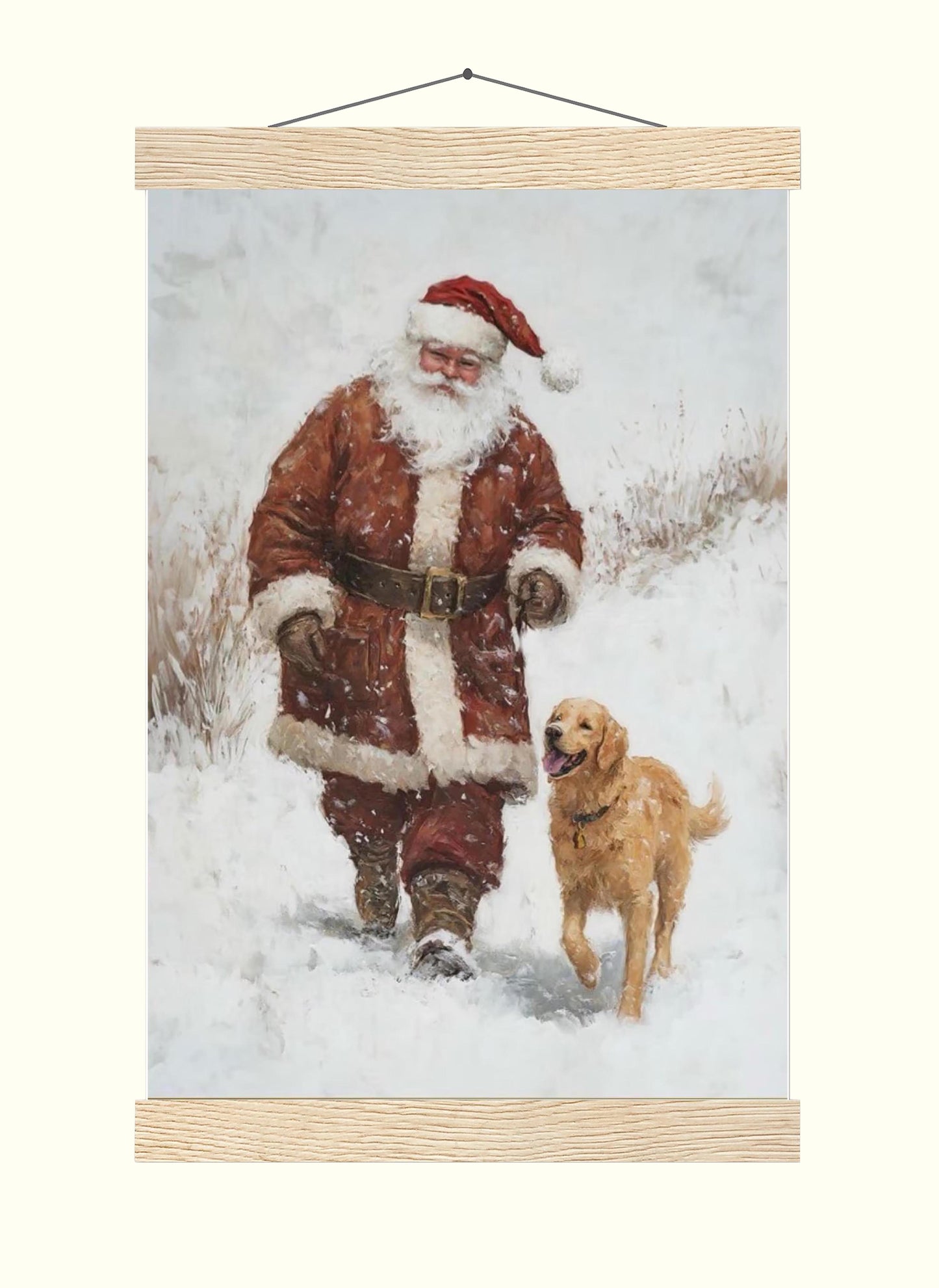 Santa and Golden Retriever Wall Art Print, Cozy Christmas Decor for Dog Lovers, Winter Wonderland Holiday Ar