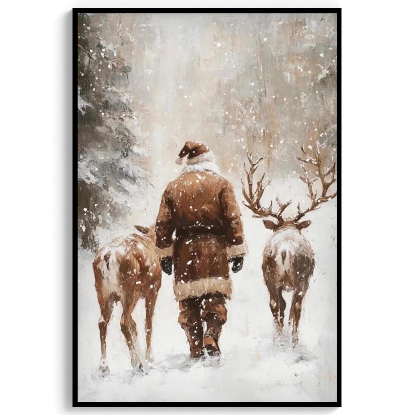 Santa and Reindeers Wall Art Print, Snow Covered Forest Winter Landscape Printable Christmas Home Decor, Moo