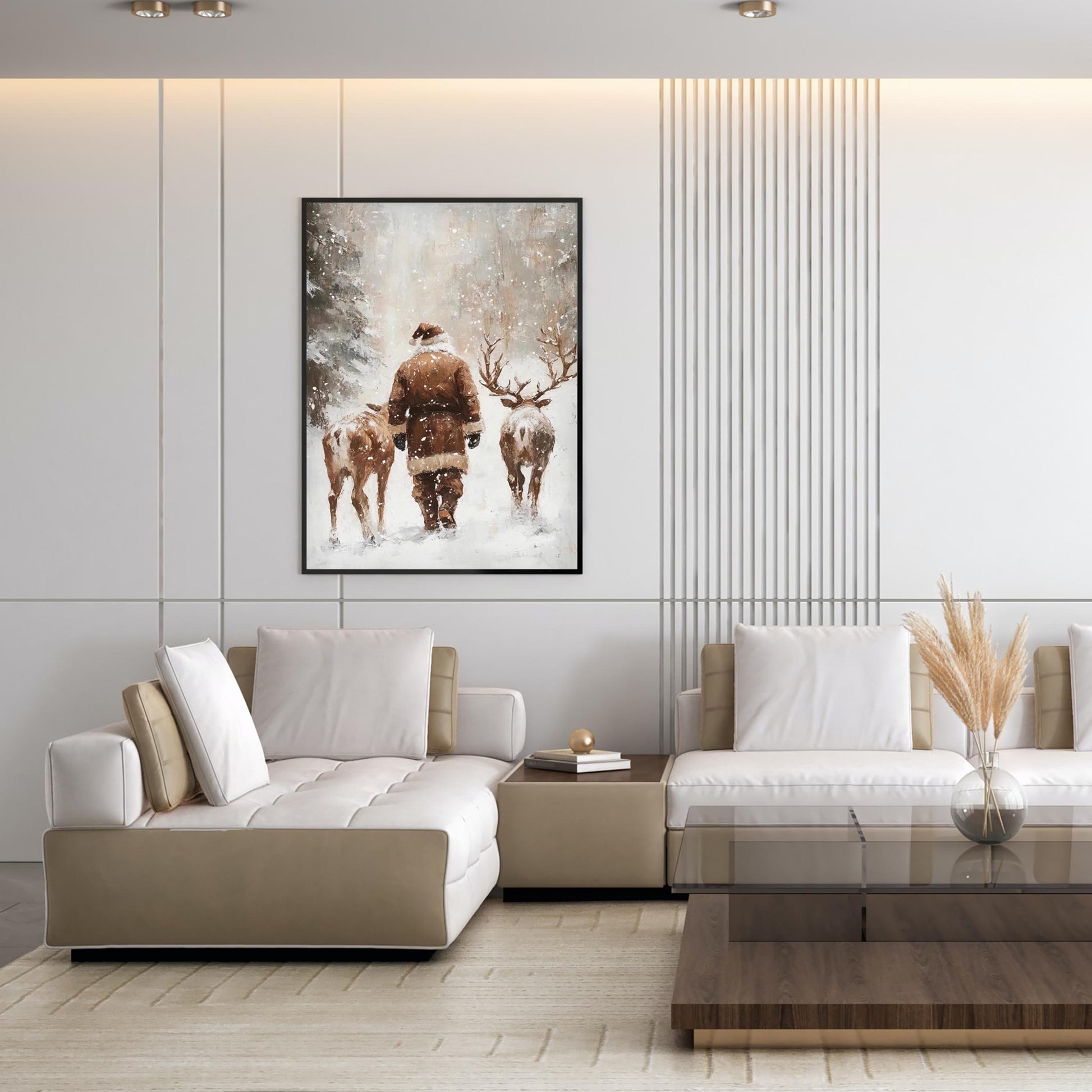 Santa and Reindeers Wall Art Print, Snow Covered Forest Winter Landscape Printable Christmas Home Decor, Moo