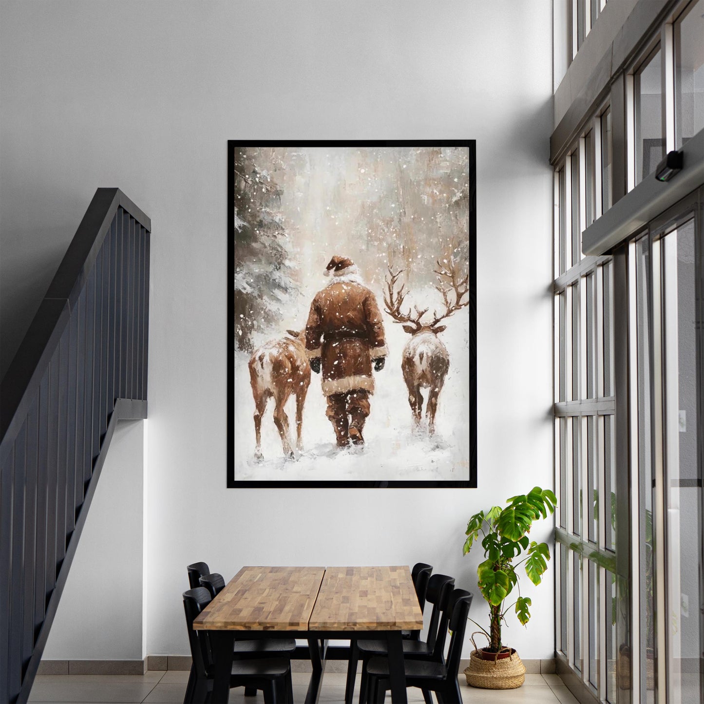 Santa and Reindeers Wall Art Print, Snow Covered Forest Winter Landscape Printable Christmas Home Decor, Moo