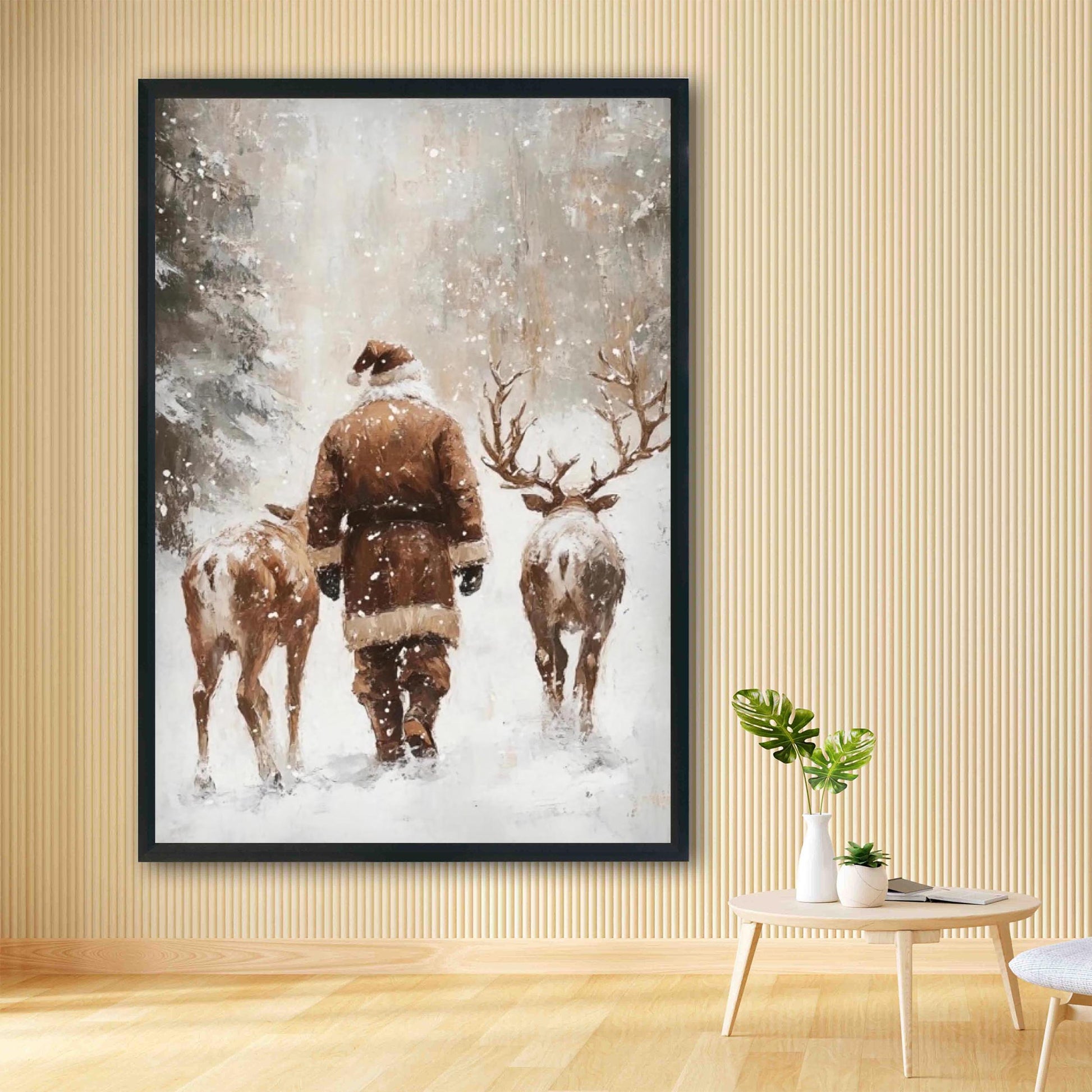 Santa and Reindeers Wall Art Print, Snow Covered Forest Winter Landscape Printable Christmas Home Decor, Moo