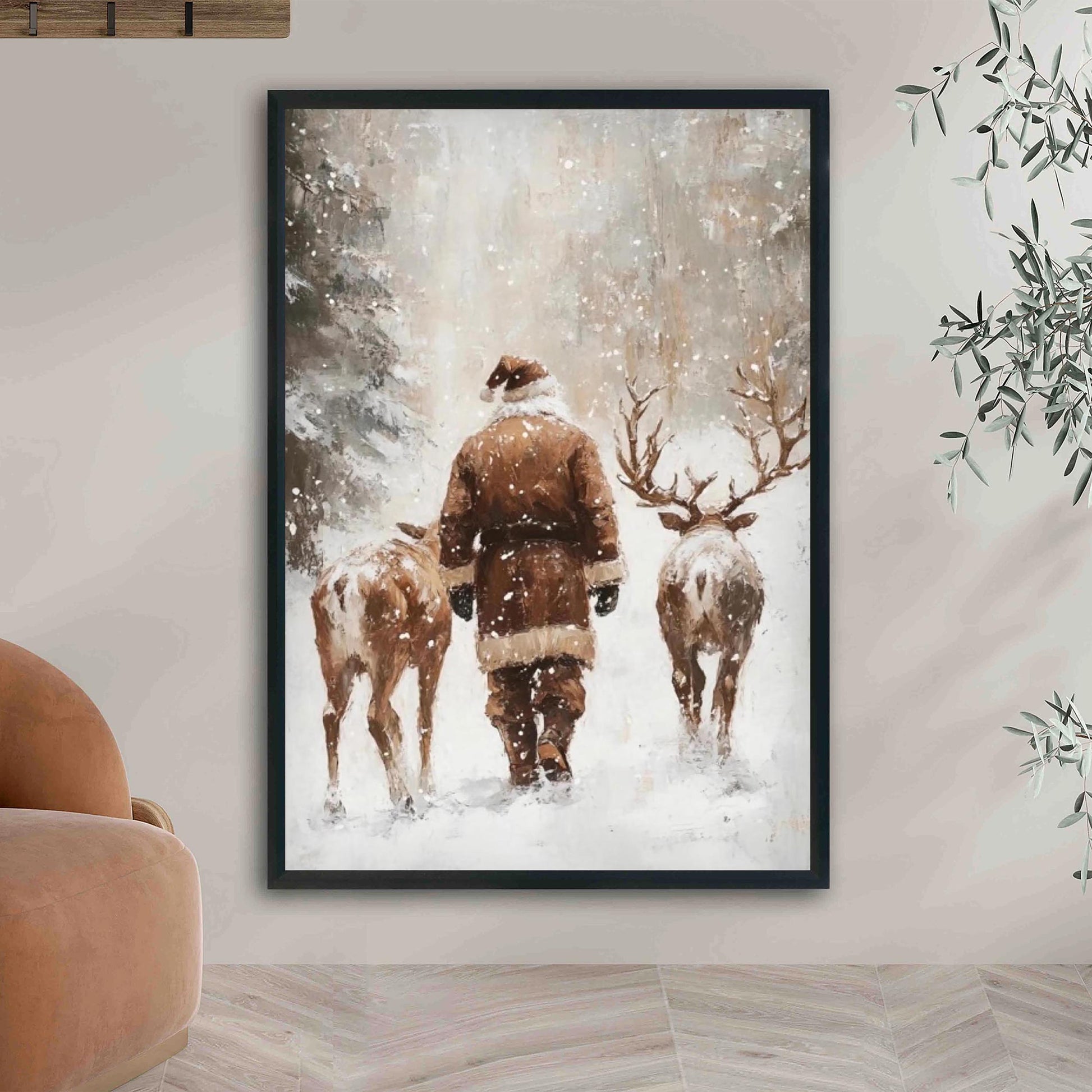 Santa and Reindeers Wall Art Print, Snow Covered Forest Winter Landscape Printable Christmas Home Decor, Moo