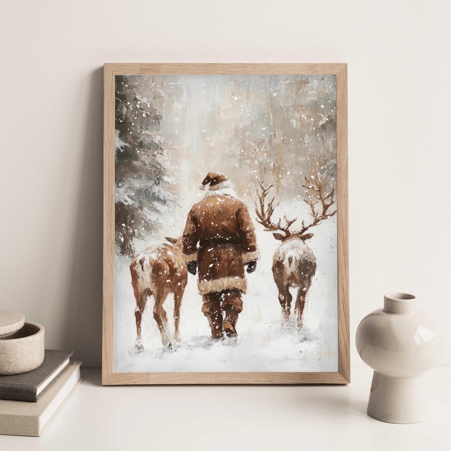 Santa and Reindeers Wall Art Print, Snow Covered Forest Winter Landscape Printable Christmas Home Decor, Moo