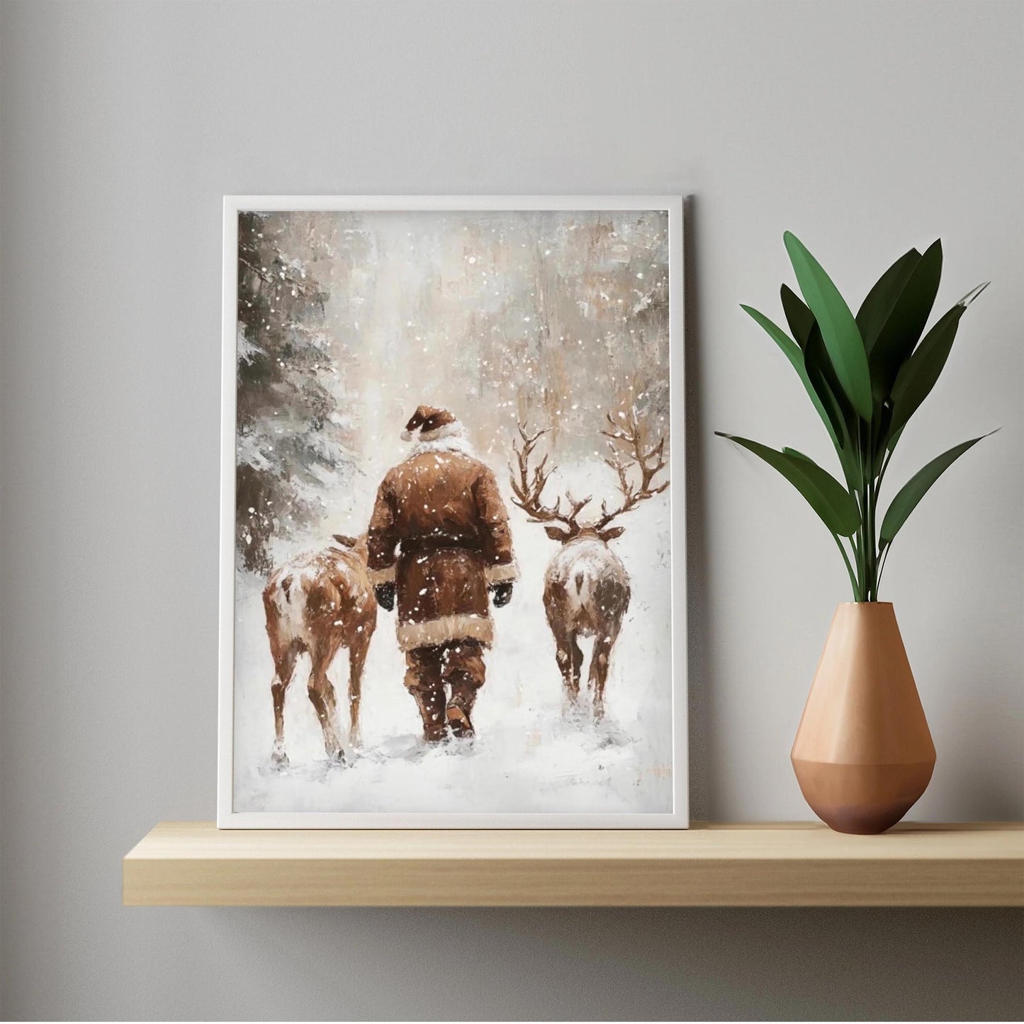Santa and Reindeers Wall Art Print, Snow Covered Forest Winter Landscape Printable Christmas Home Decor, Moo