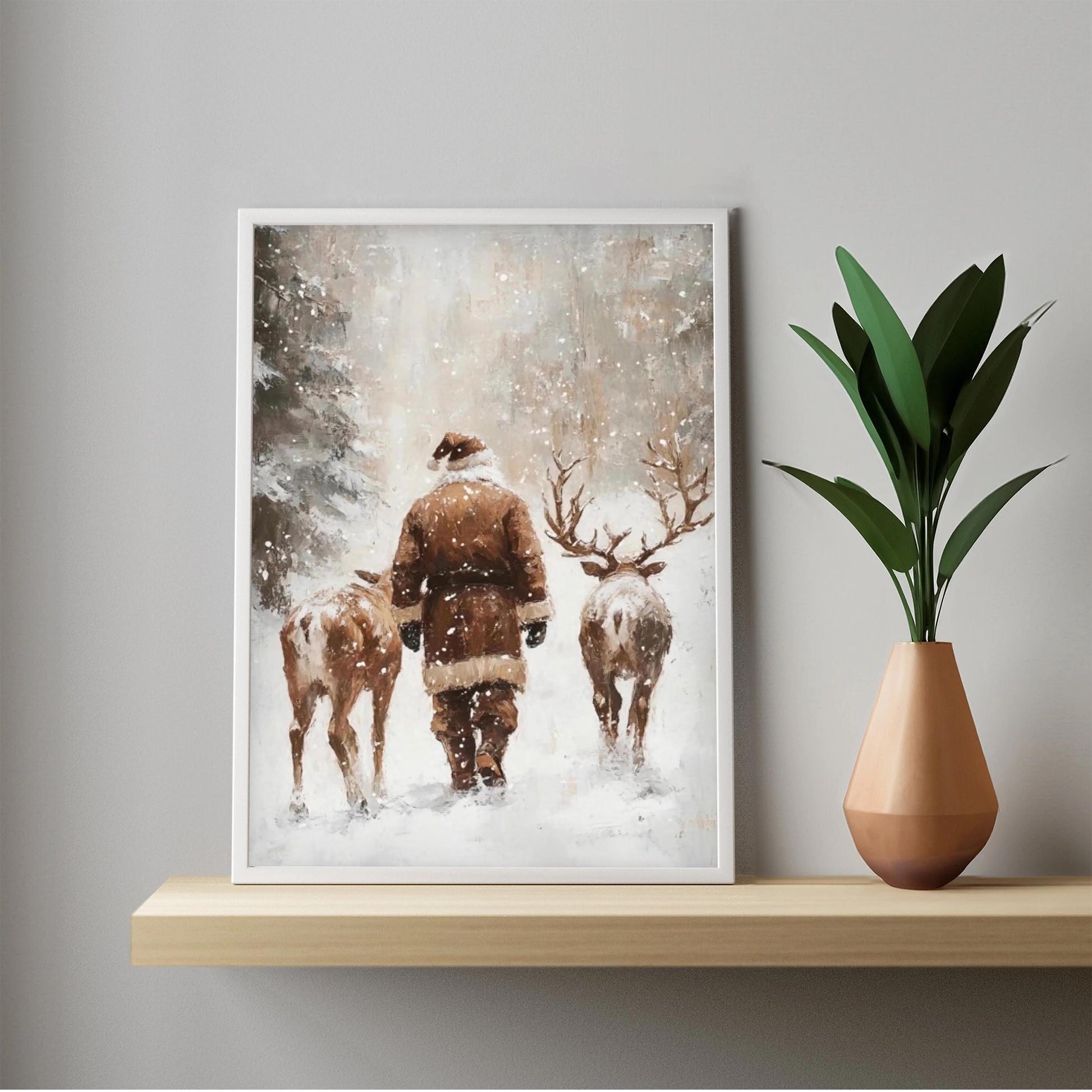 Santa and Reindeers Wall Art Print, Snow Covered Forest Winter Landscape Printable Christmas Home Decor, Moo