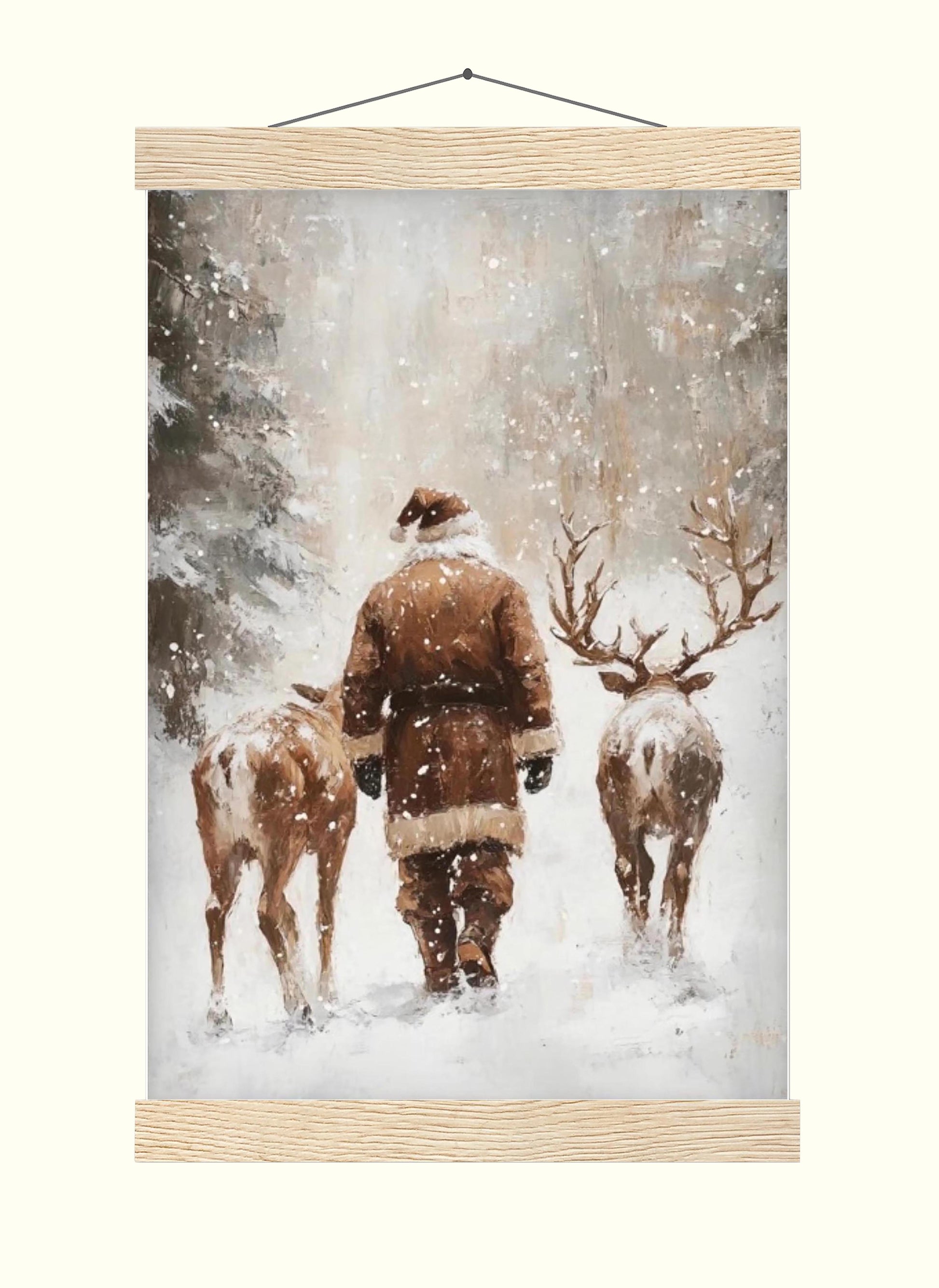 Santa and Reindeers Wall Art Print, Snow Covered Forest Winter Landscape Printable Christmas Home Decor, Moo