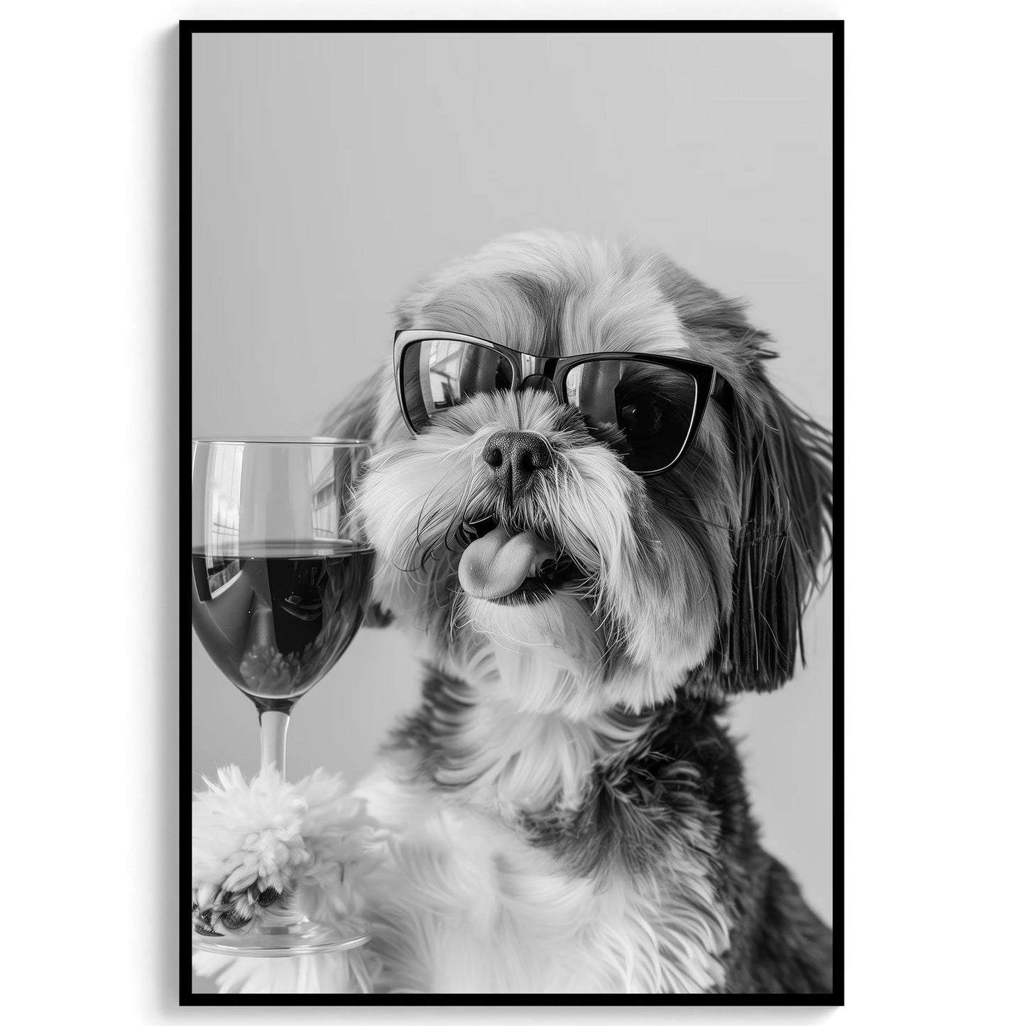 Shih Tzu and Wine Print Bar Cart Print, Funny Dog Poster, Trendy Kitchen Decor - Black and White Wall Art