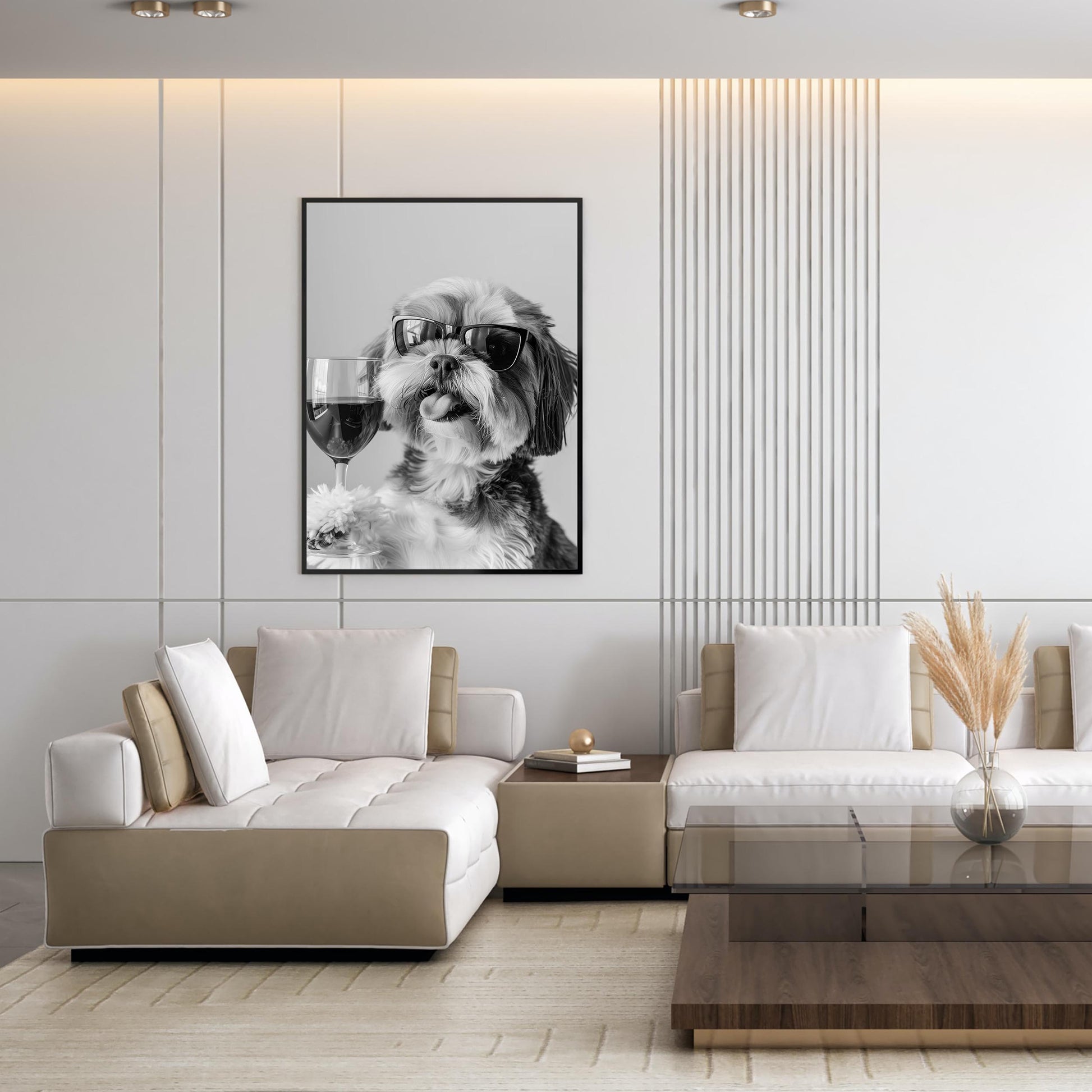 Shih Tzu and Wine Print Bar Cart Print, Funny Dog Poster, Trendy Kitchen Decor - Black and White Wall Art