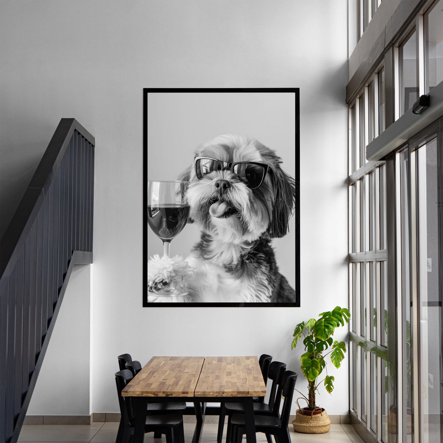 Shih Tzu and Wine Print Bar Cart Print, Funny Dog Poster, Trendy Kitchen Decor - Black and White Wall Art